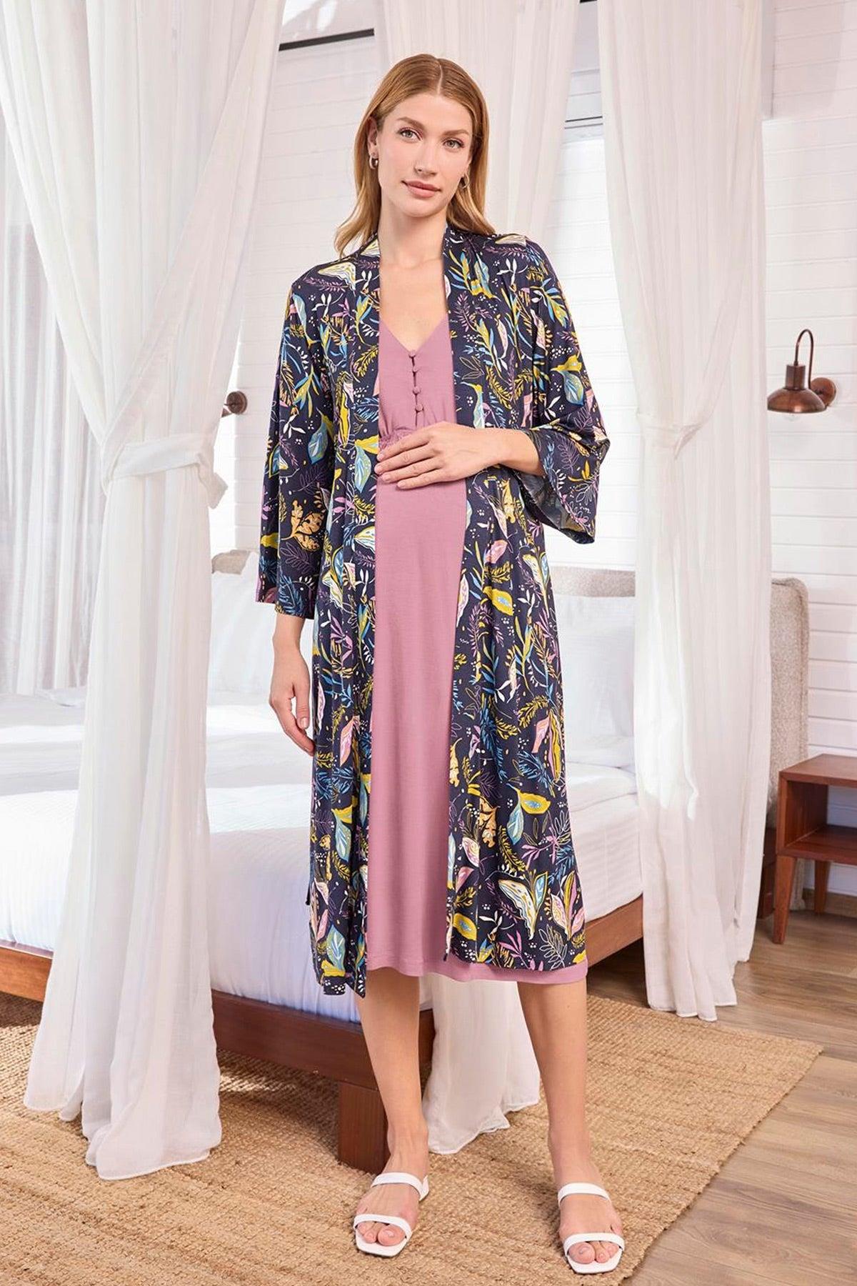 Monamise 25122 Dantelli Lohusa Gecelik ve Desen Sabahlık Takımı