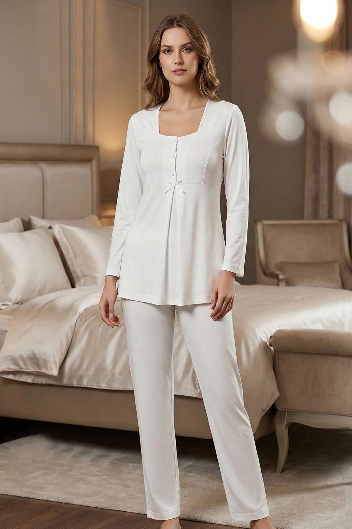 Effortt 9042 Ekru Dantel Detaylı Lohusa Pijama Takımı