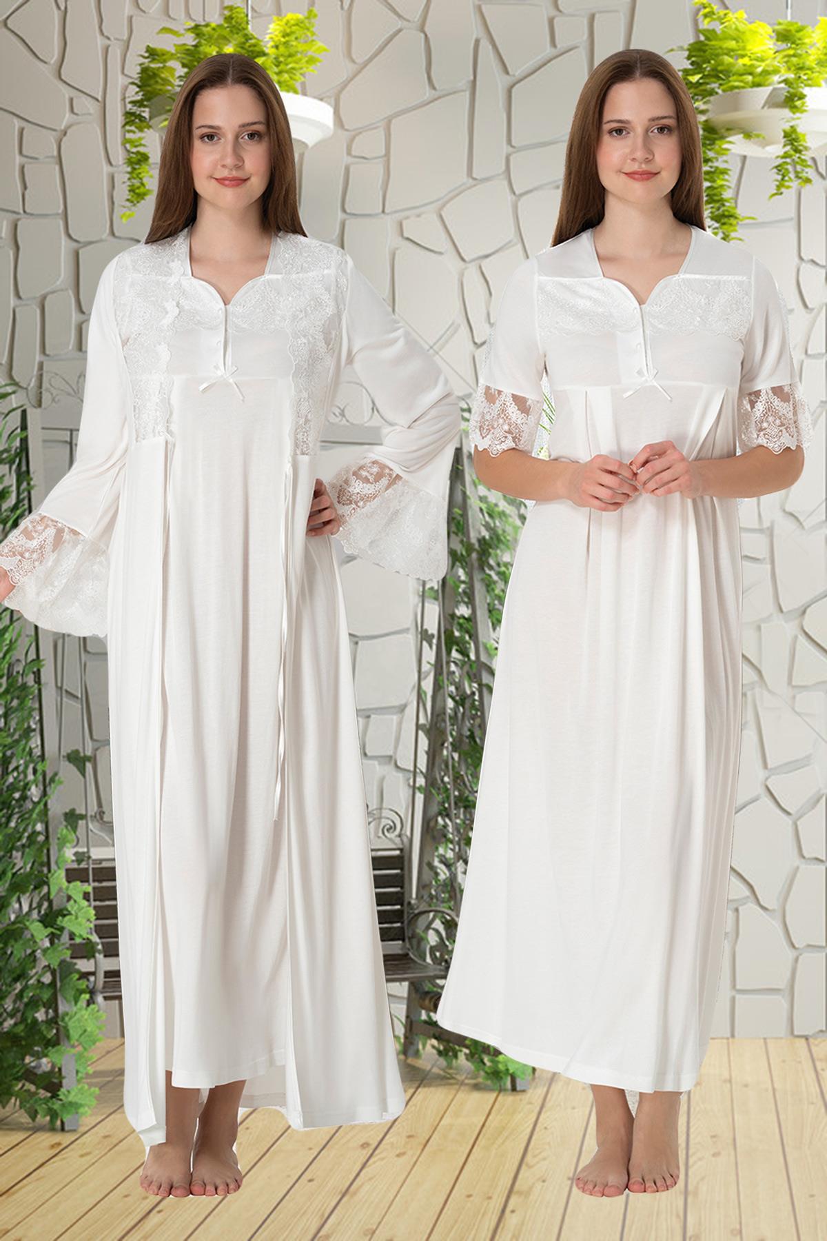 Effortt 9015 Ekru Dantelli Sabahlıklı Lohusa Gecelik Takımı