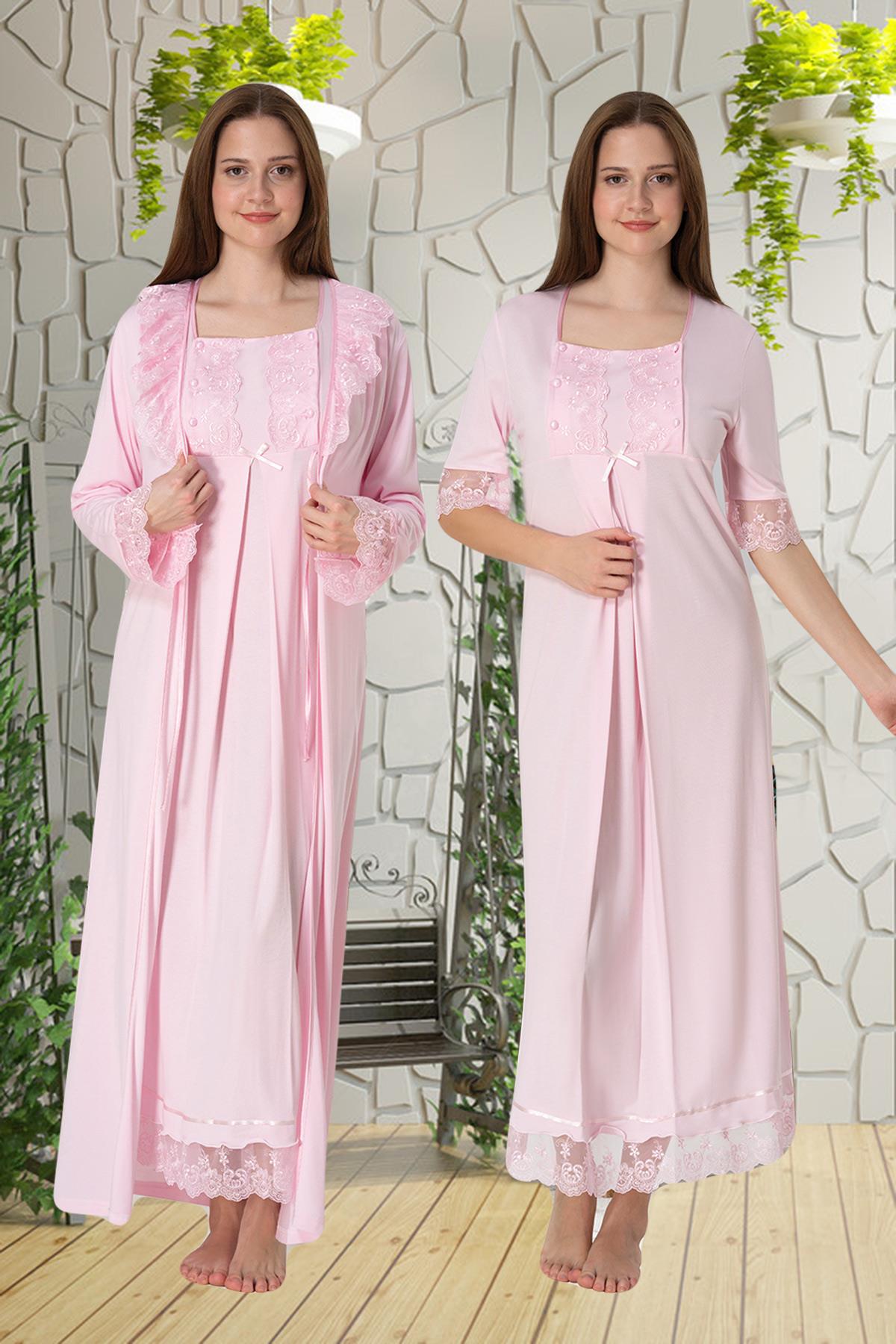 Effortt 6035 Pembe Dantelli Lohusa Gecelik ve Sabahlık Takımı
