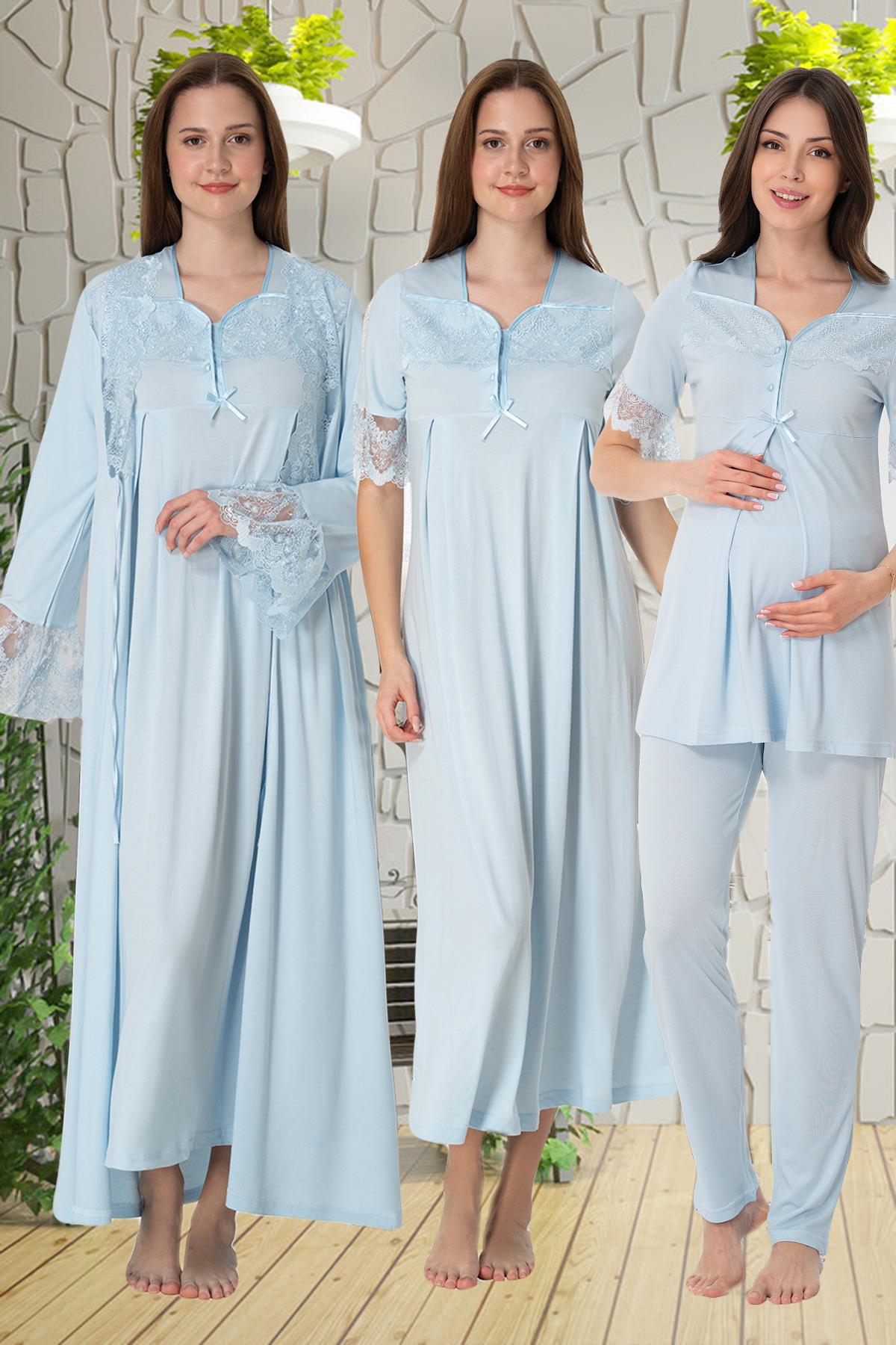 Effortt 9016 Mavi Dantelli 4lü Lohusa Seti