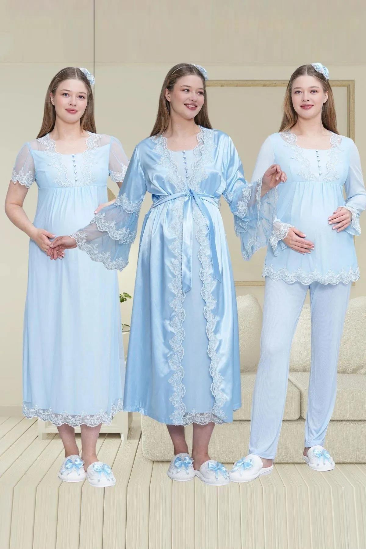 Mecit 6302 Mavi Dantelli Saten Sabahlıklı 4lü Lohusa Seti