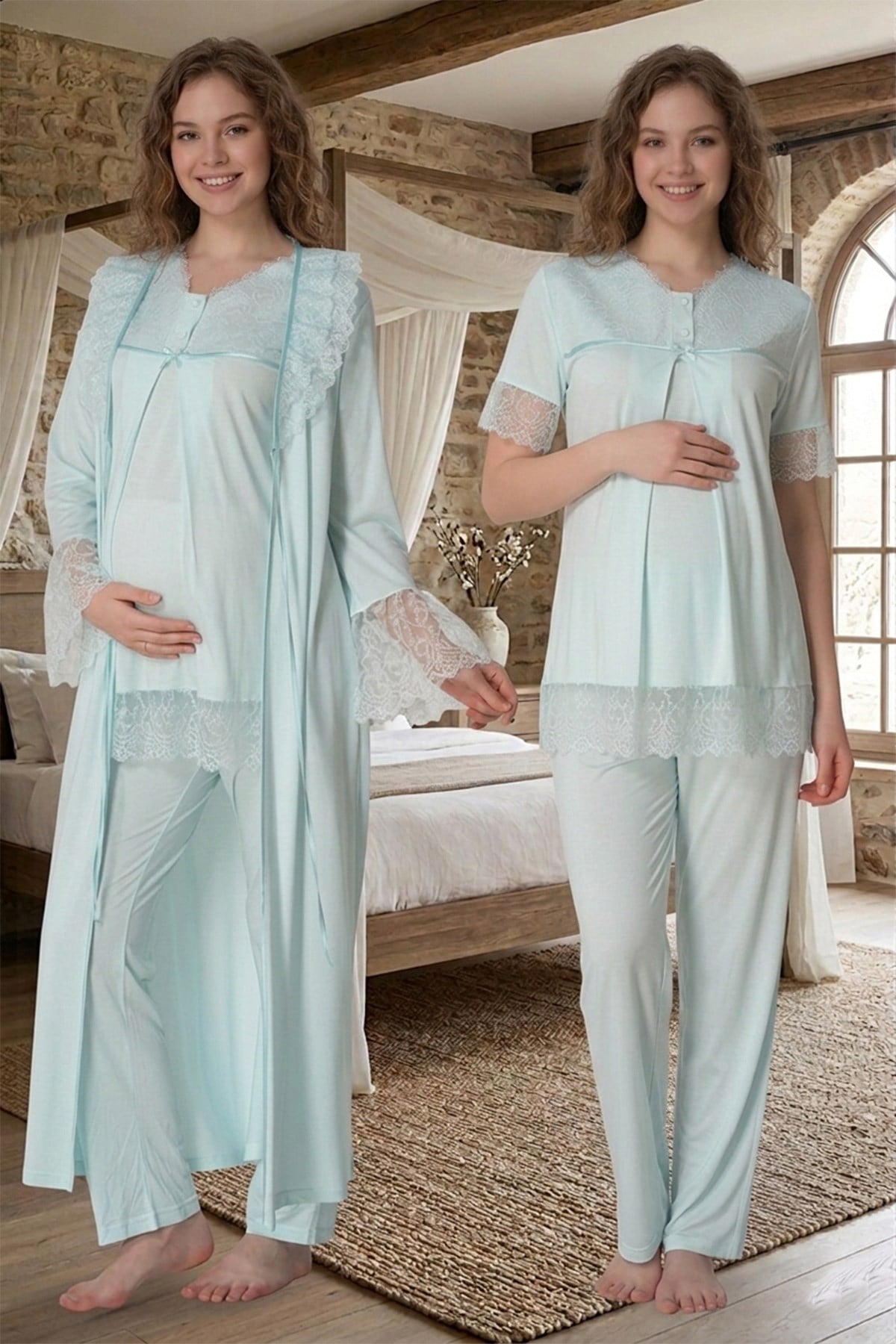 Kolları Güpürlü Pamuklu Turkuaz Sabahlıklı Lohusa Pijama Takımı