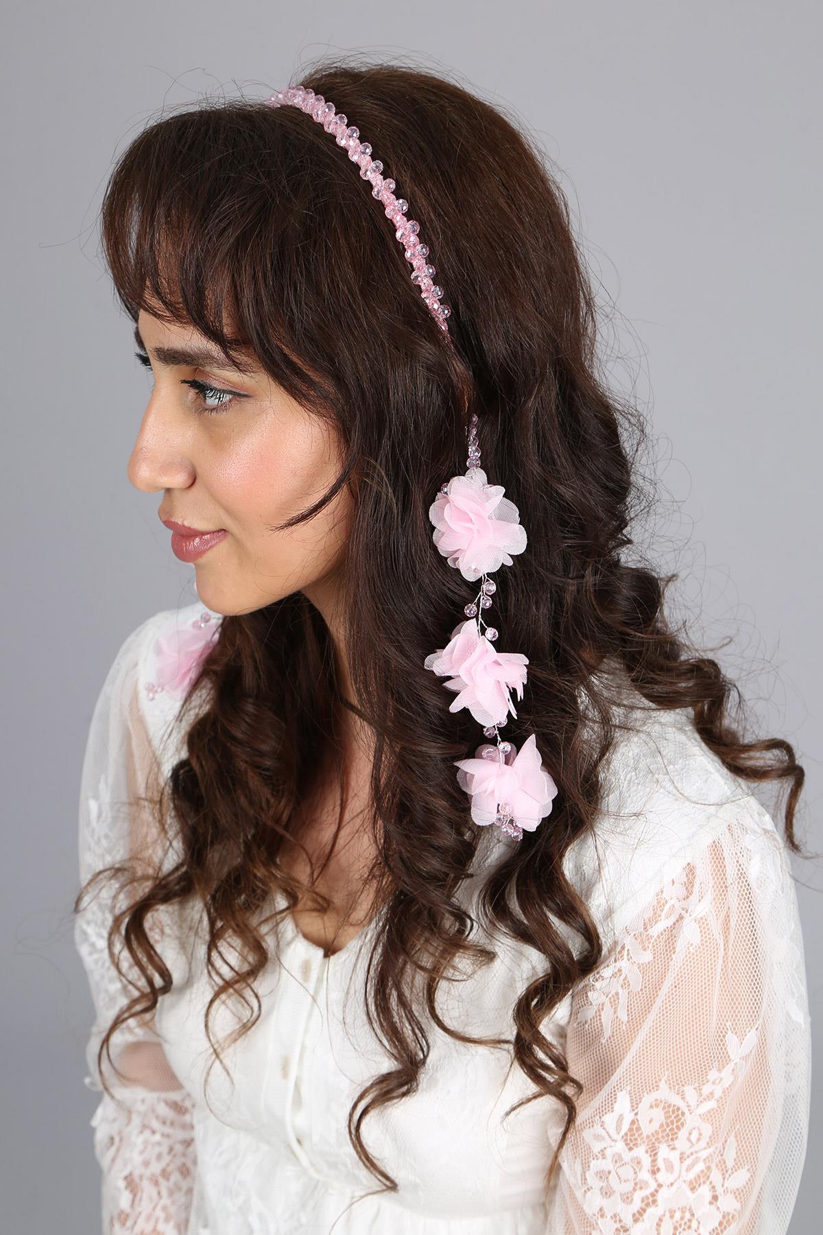 Özel Tasarım Pembe Tekli Sarkan Küpeli incili Lohusa Tacı