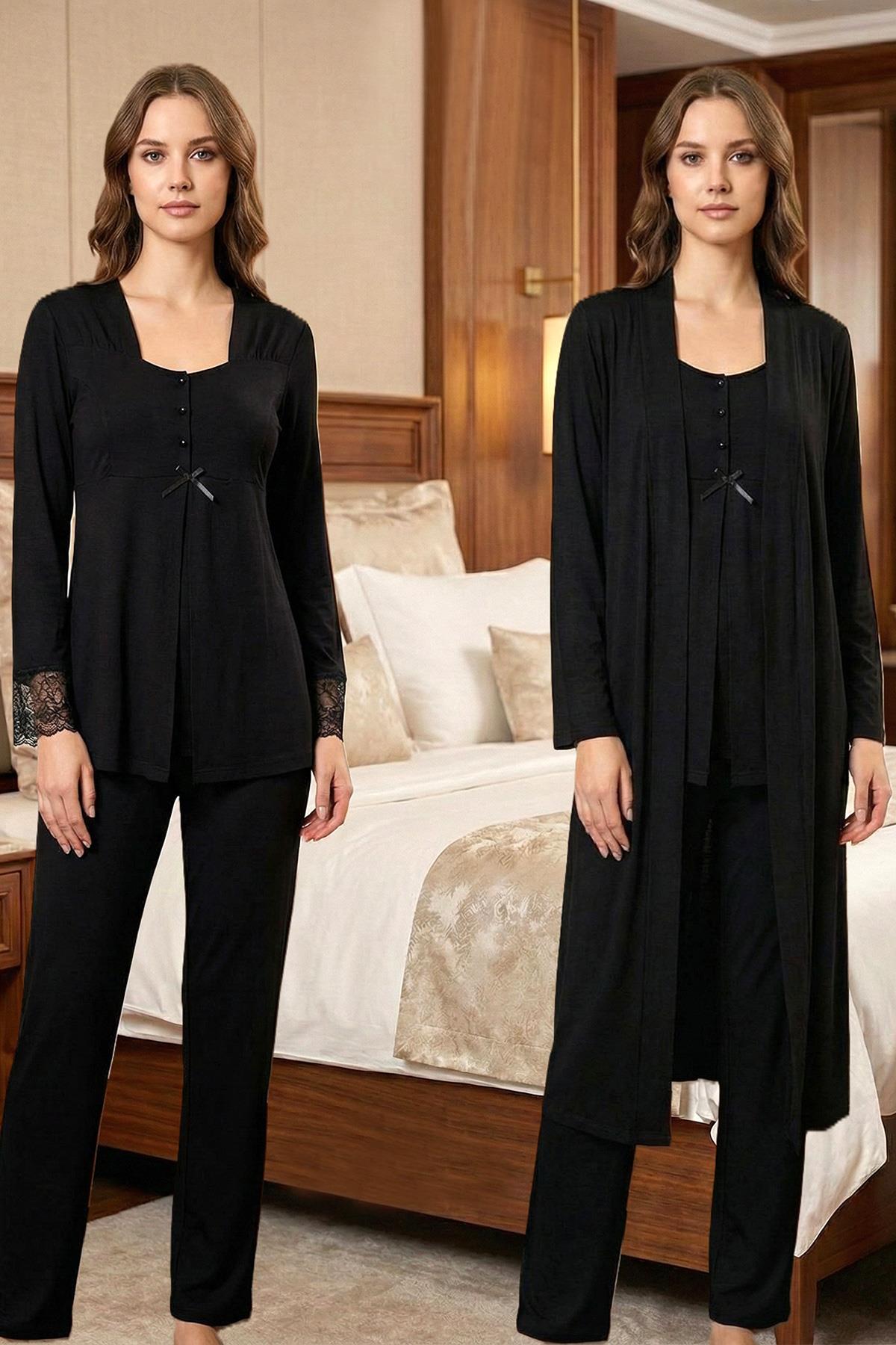 Effortt 9048 Siyah Sabahlıklı Uzun Kol Hamile Lohusa Pijama Takımı