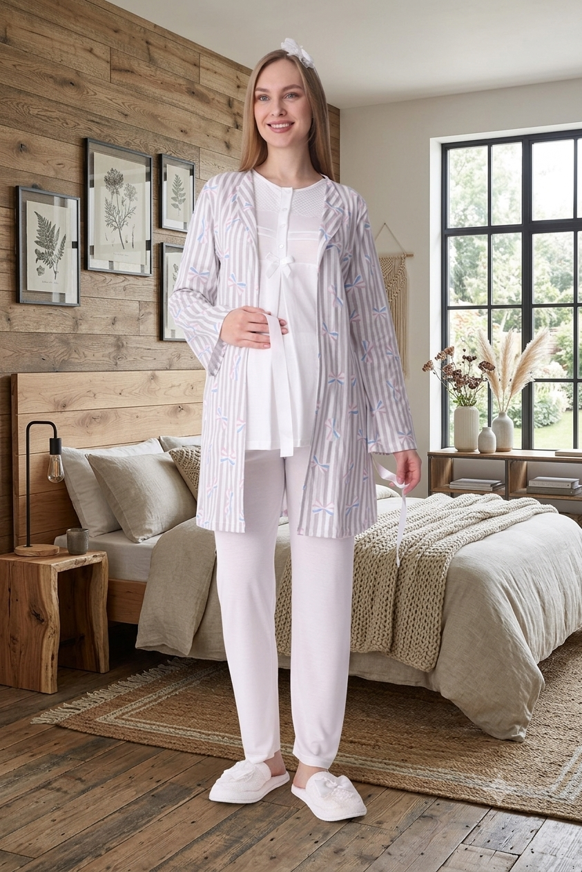 Erdeniz 3460 Ekru Çizgi Sabahlıklı Emzirme Özellikli Sabahlıklı Lohusa Pijama Takımı