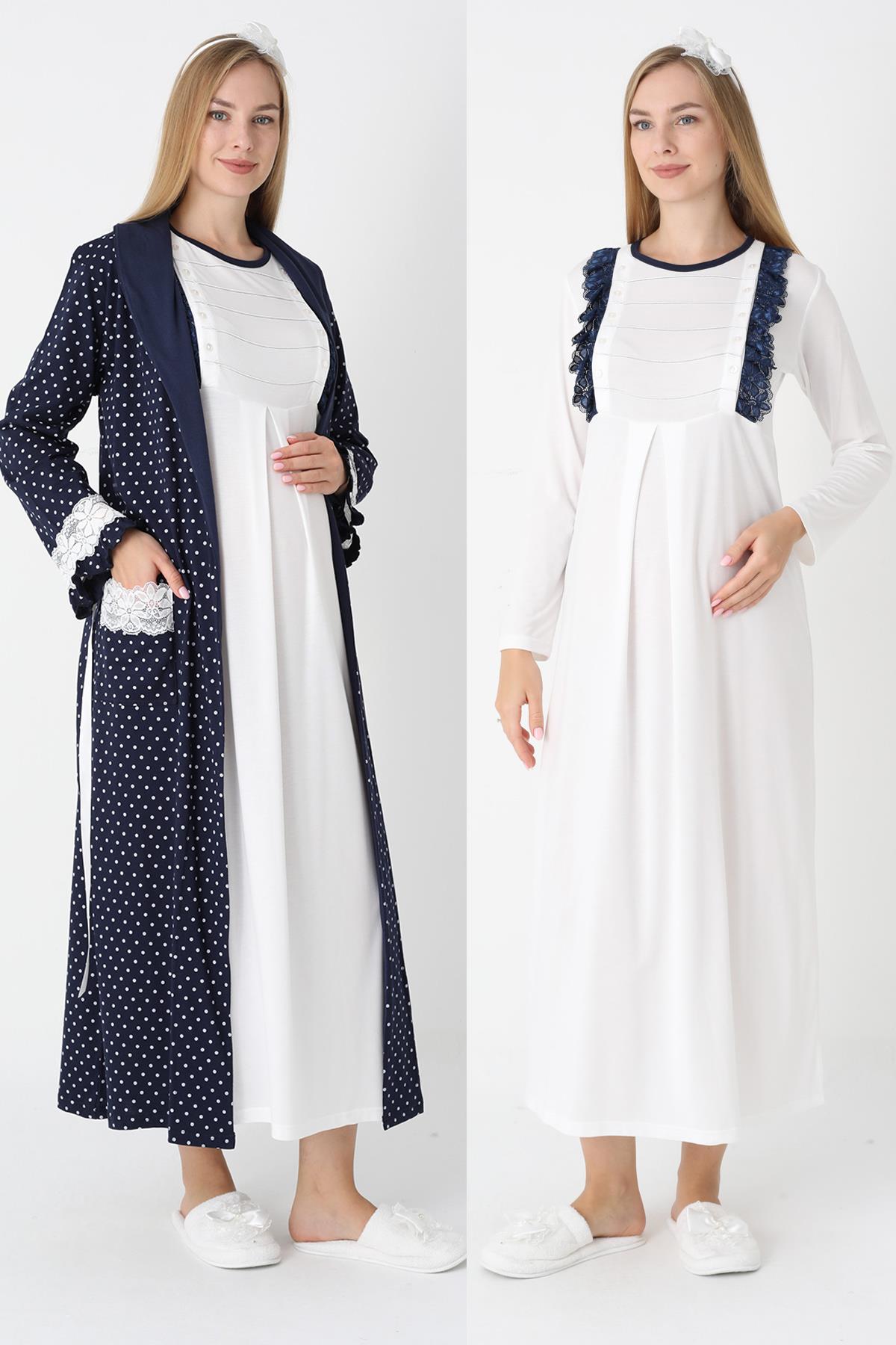 Erdeniz 2308 Lacivert Çift Taraflı Düğmeli Emzirme Özellikli Sabahlıklı Lohusa Gecelik Takımı