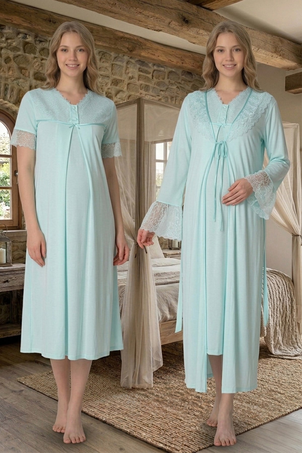 Kolları Güpürlü Pamuklu Turkuaz Sabahlıklı Lohusa Gecelik Takımı