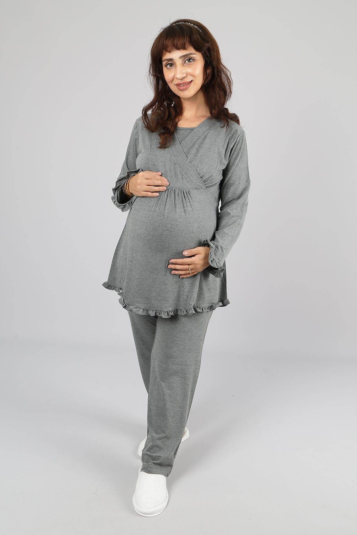 Füme Kruvaze Emzirme Özellikli Lohusa Hamile Pijama Takımı