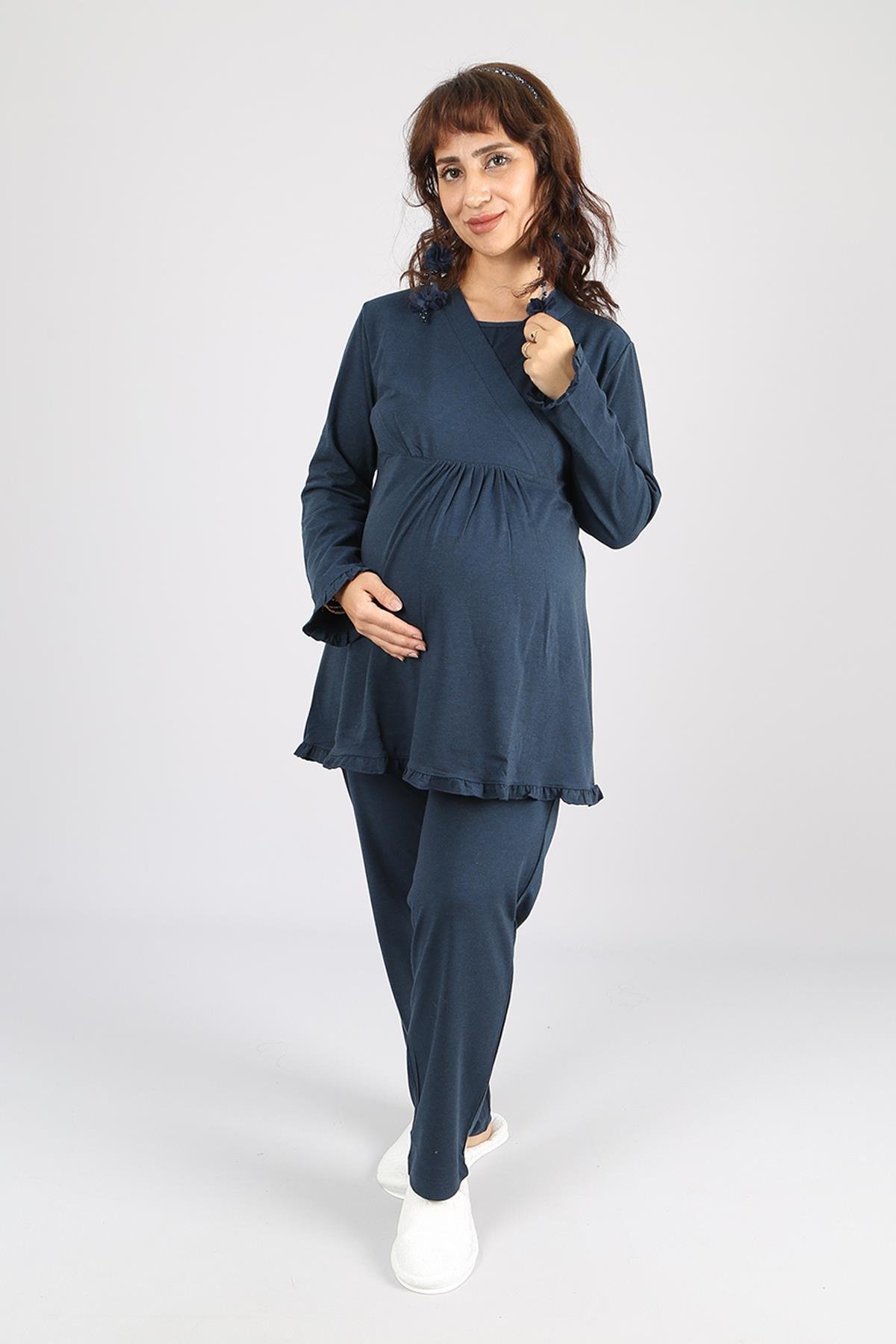 Lacivert Kruvaze Emzirme Özellikli Lohusa Hamile Pijama Takımı