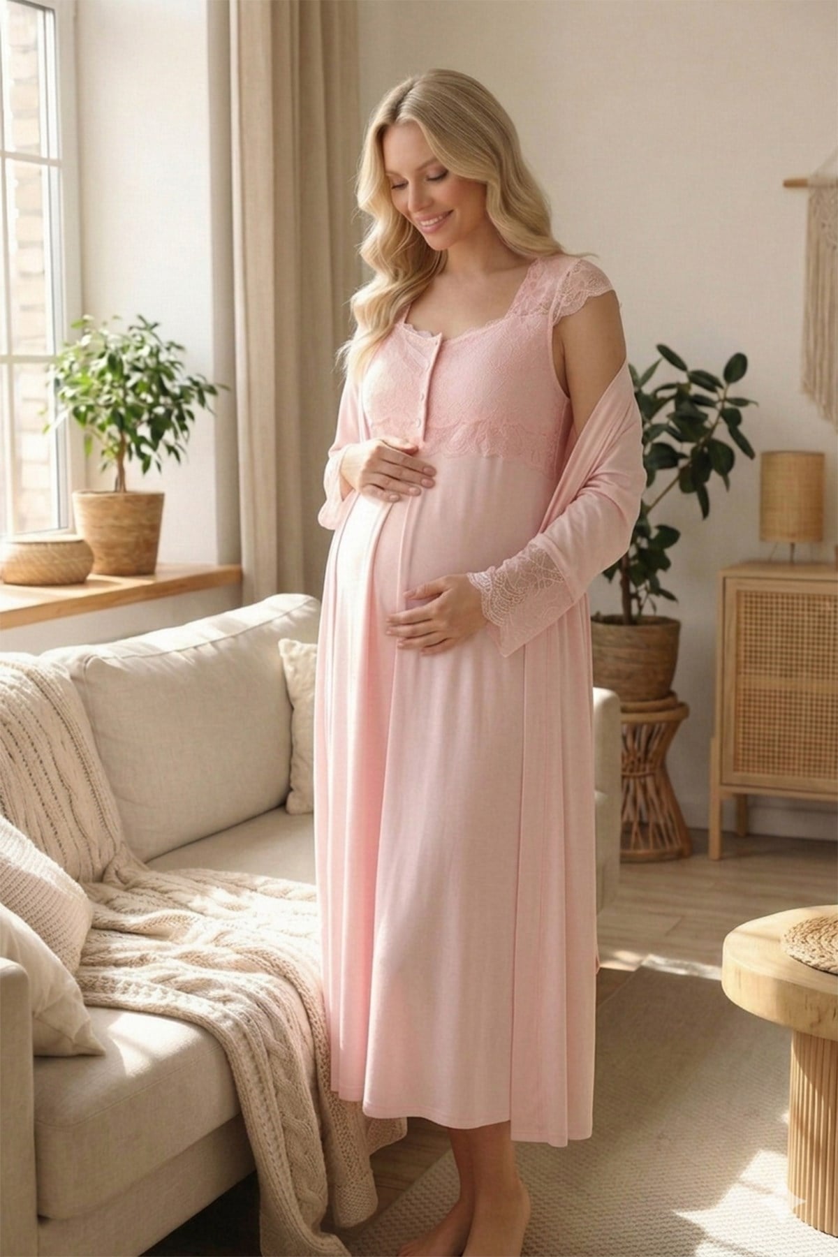 Rimel Life 2028 Pembe Sabahlıklı Dantel Kol Lohusa Gecelik Takımı