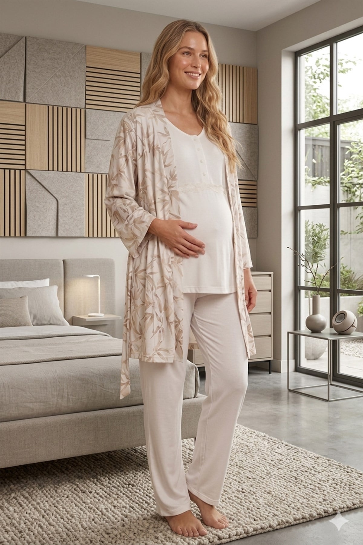 Rimel Life 700 Olive Desen Yumuşak Dokulu Sabahlıklı Lohusa Pijama Takımı