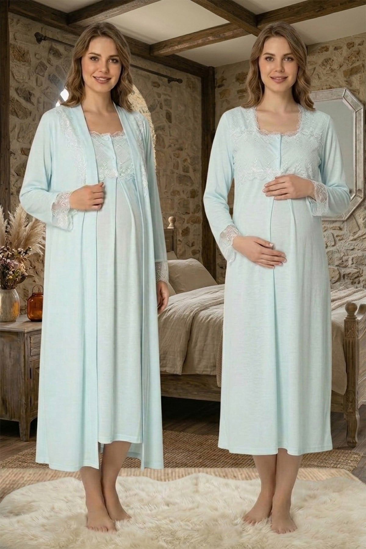 Dantel Detaylı Turkuaz Sabahlıklı Lohusa Gecelik Takımı
