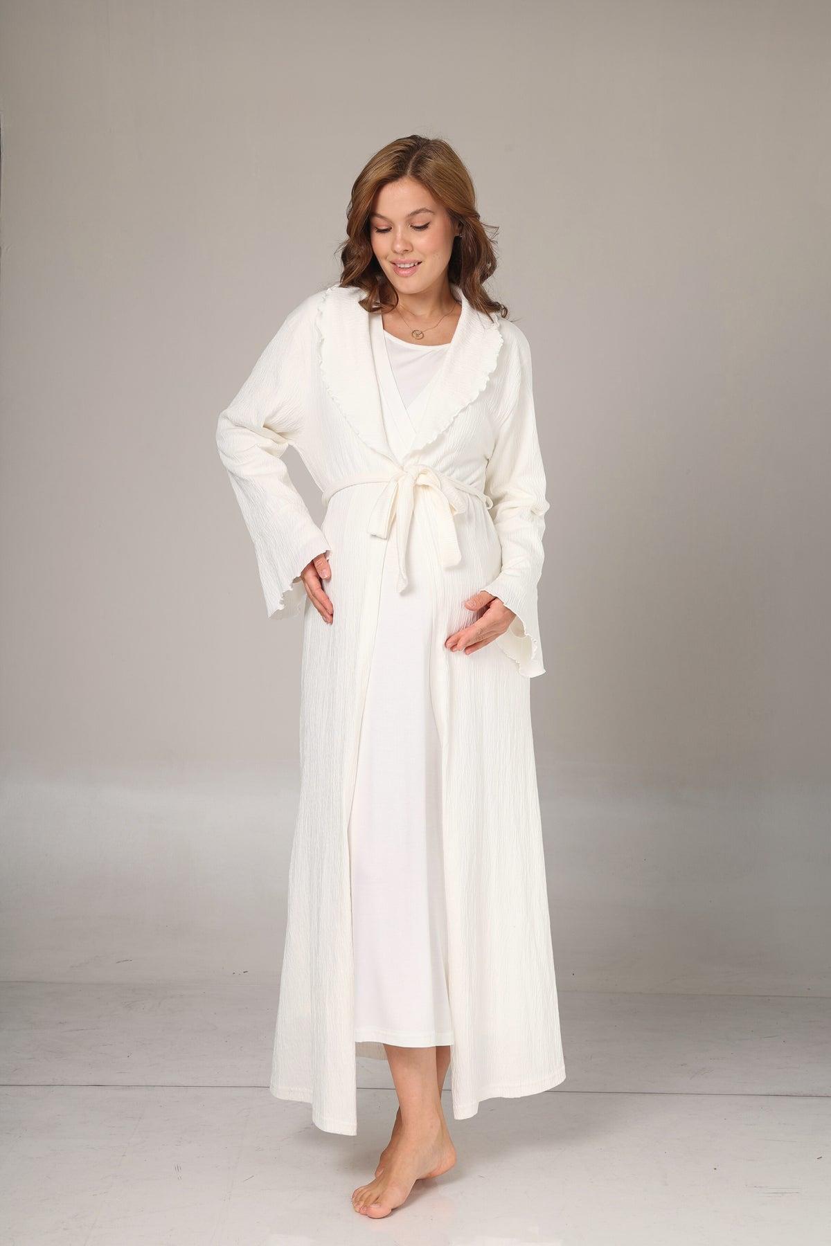 Rimel Life 1031 Jakar Sabahlıklı Uzun Kol Ekru Lohusa Gecelik Takımı