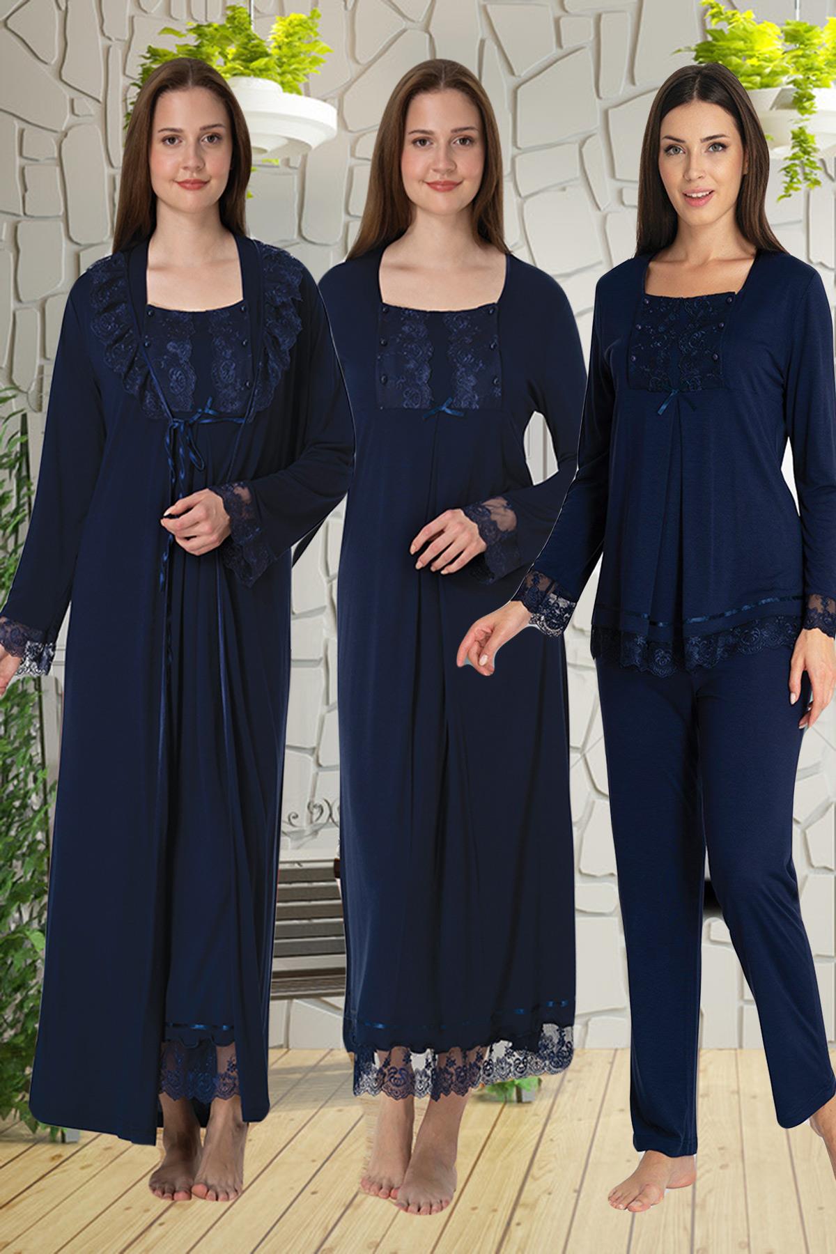 Effortt 3046 Lacivert Dantelli 4lü Lohusa Seti