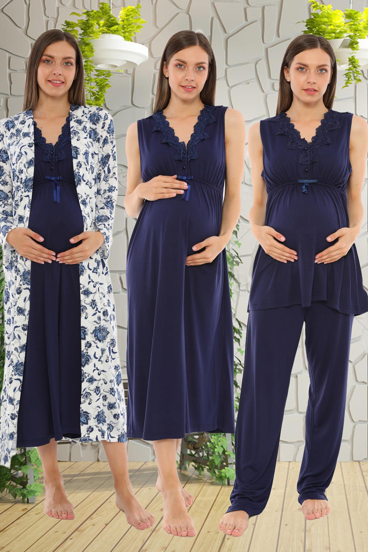 Desen Sabahlıklı 18036 Lacivert Lohusa Hamile 4lü Set