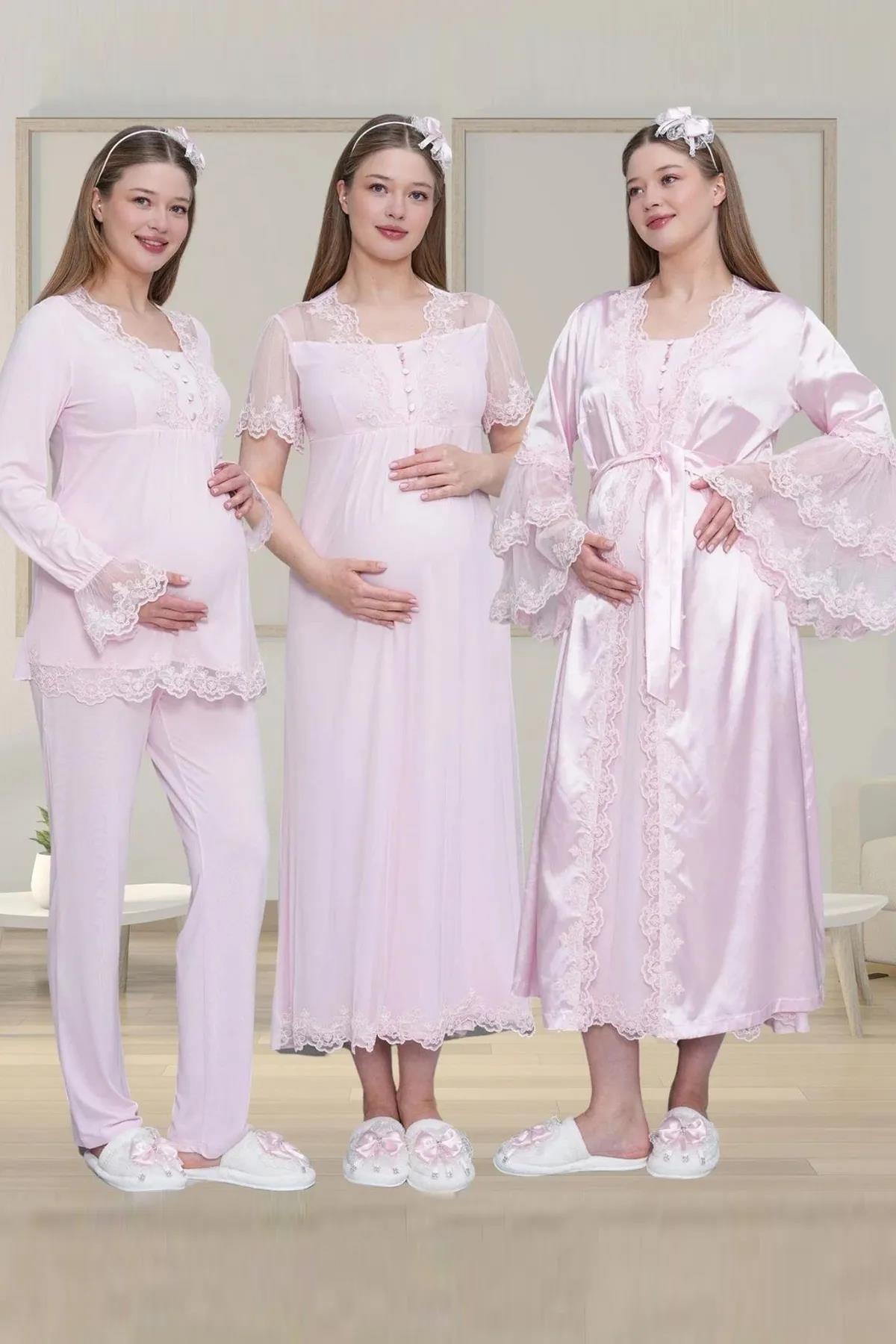 Mecit 6302 Pembe Dantelli Saten Sabahlıklı 4lü Lohusa Seti