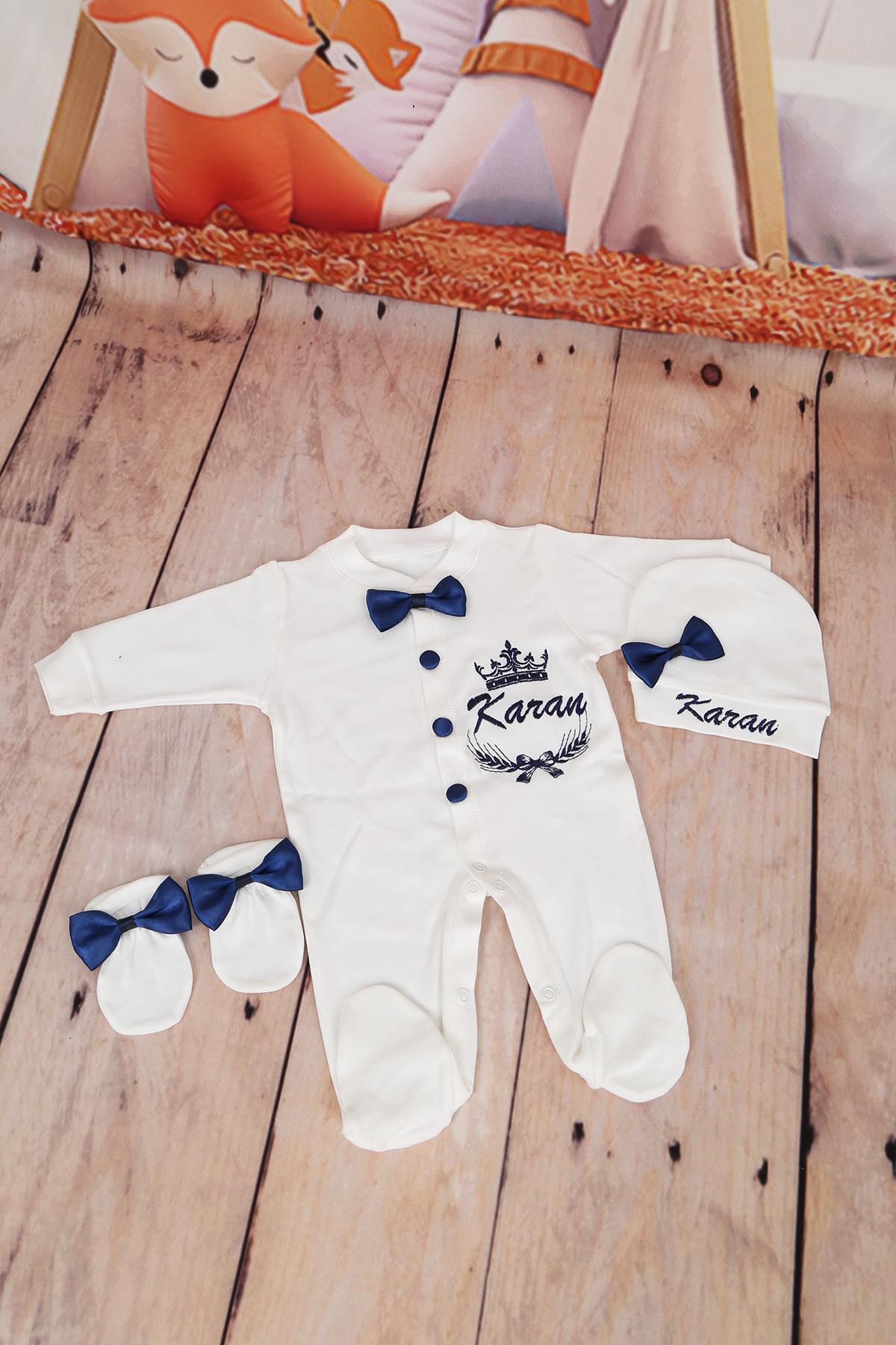 İsme Özel Lacivert Tac Nakışlı Hastane Çıkışı 3lü Set