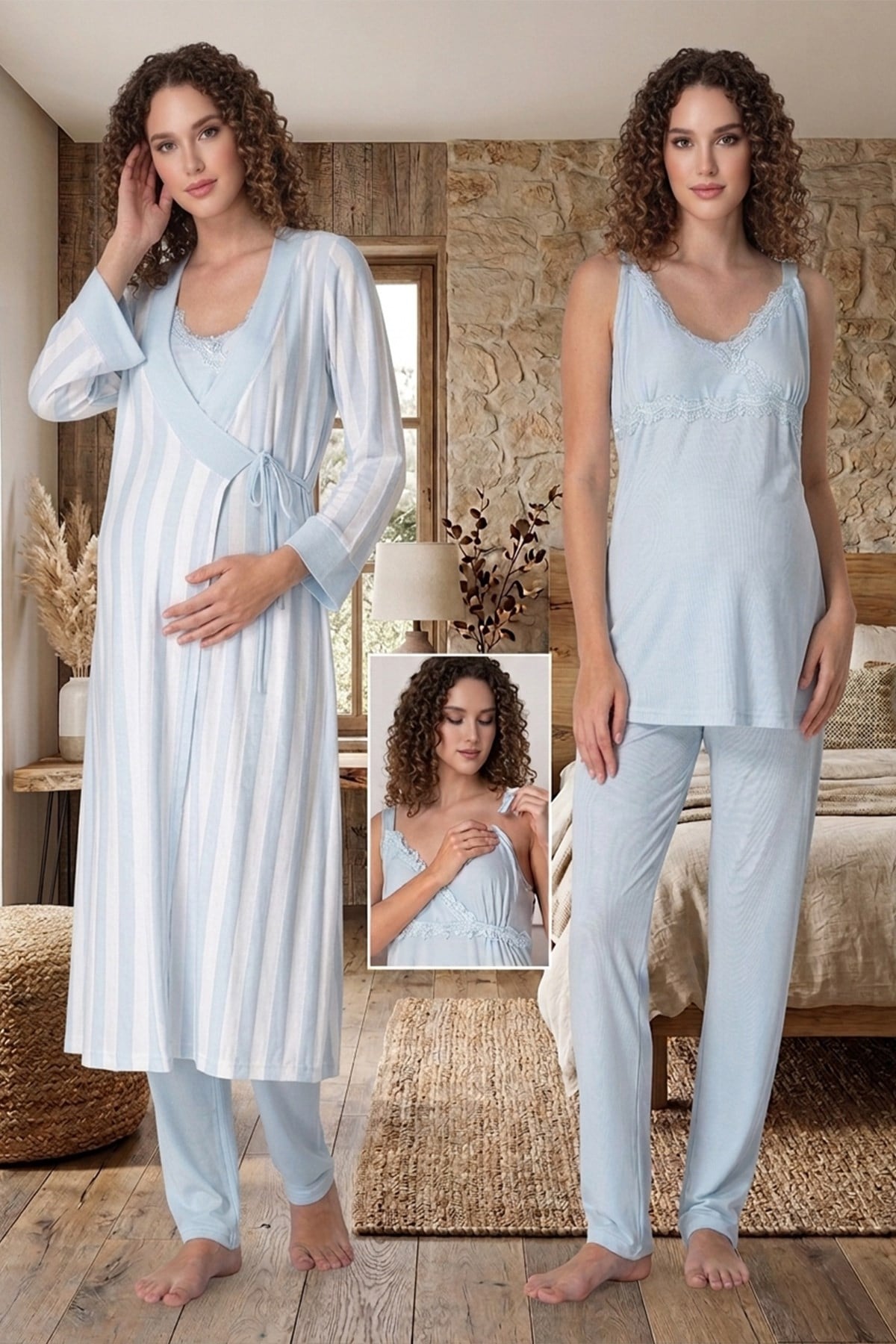 Mavi Emzirme Özellikli Askılı Çizgi Sabahlıklı Lohusa Pijama Takımı 19034