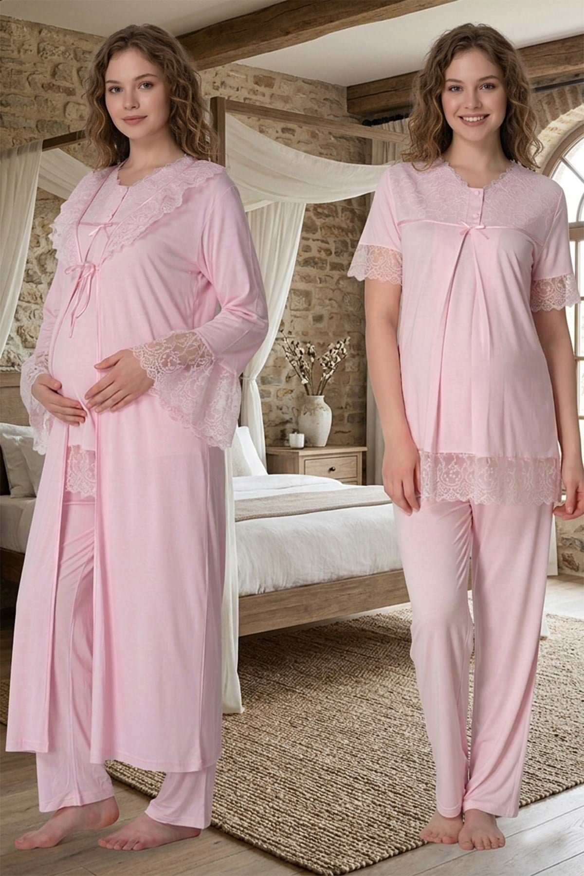 Kolları Güpürlü Pamuklu Pembe Sabahlıklı Lohusa Pijama Takımı