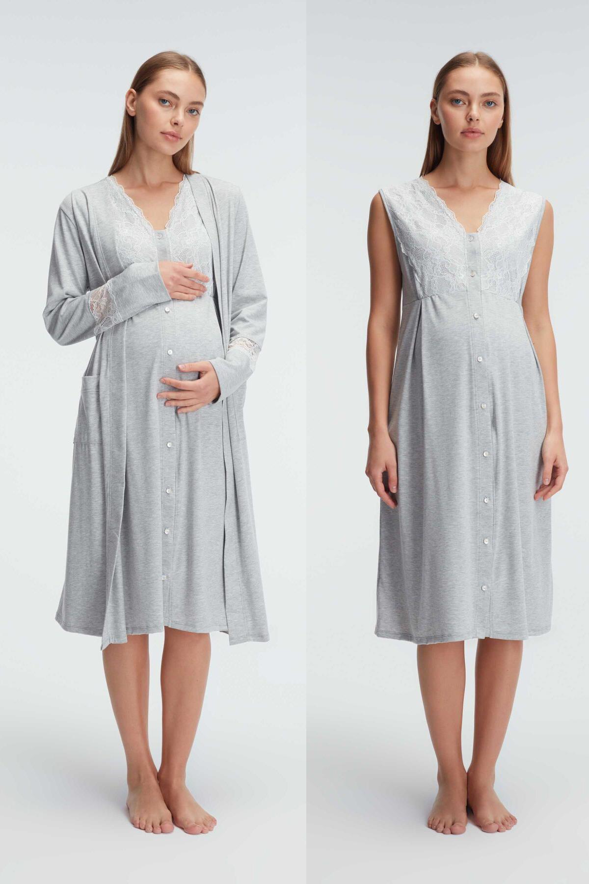 Anıl 11309 Gri Sabahlıklı Önden Düğmeli Dantel Detaylı Lohusa Gecelik Takımı
