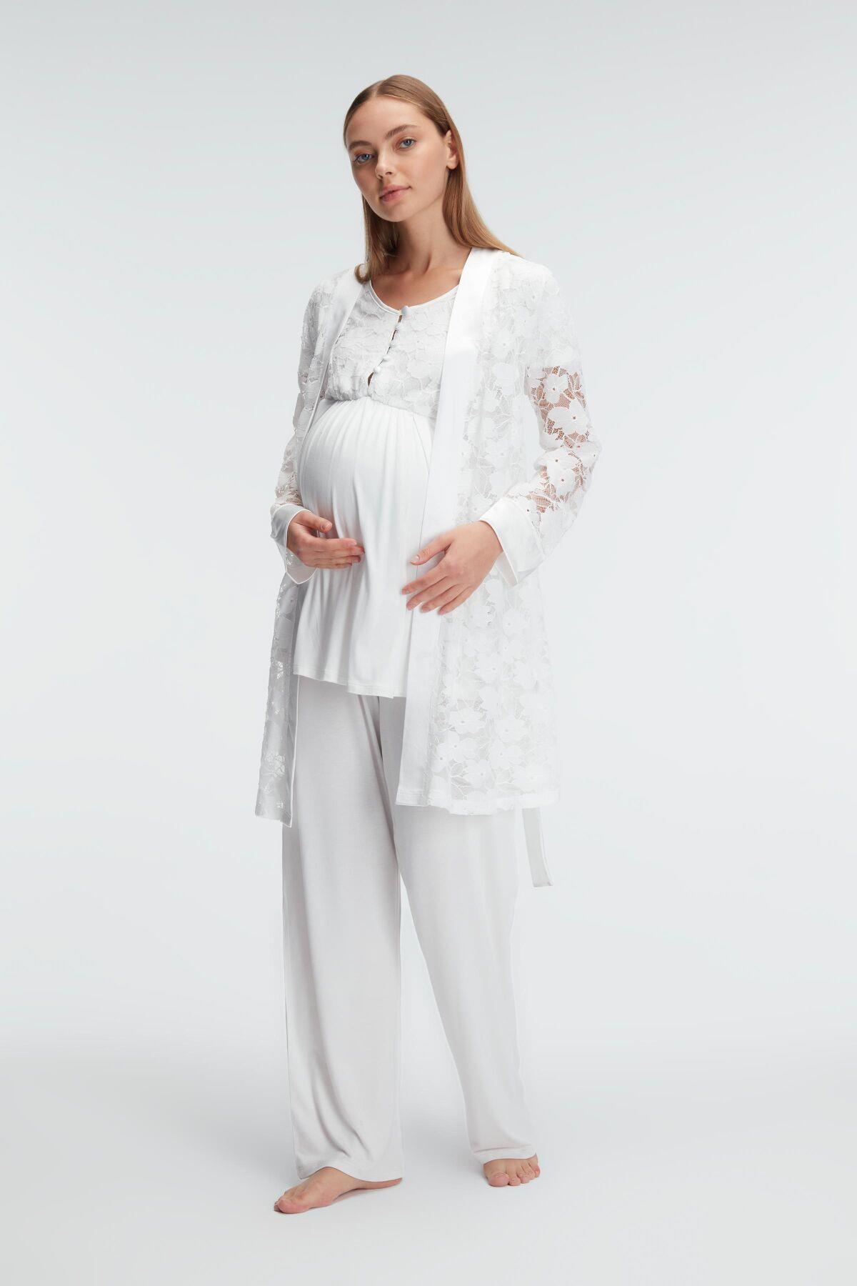 Anıl 11311 Ekru Çiçek Dantel Sabahlıklı Lohusa Pijama Takımı