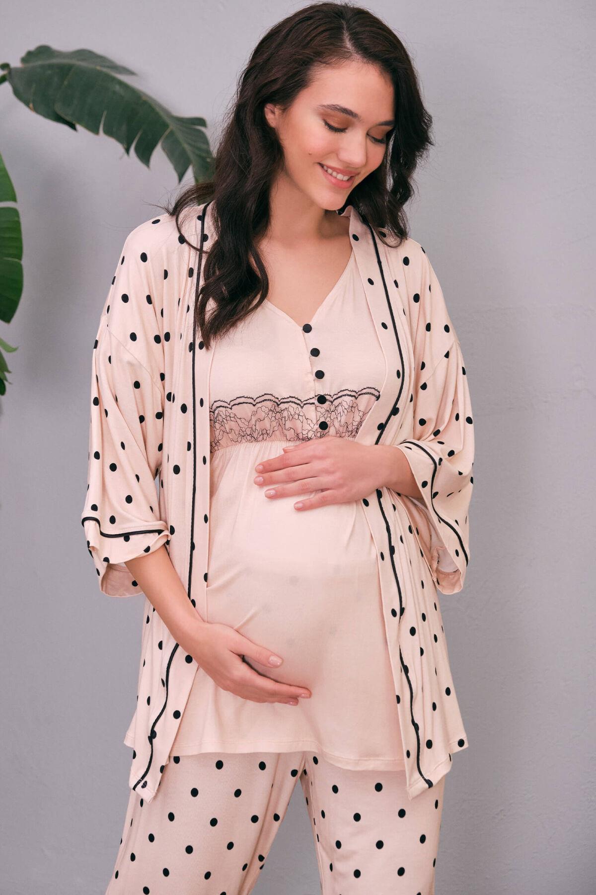 Anıl 5655 Puanlı Dantel Detaylı Sabahlıklı Lohusa Pijama Takımı