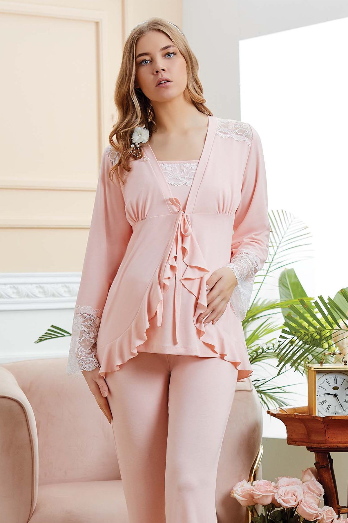 Aqua 20516 Pudra Sabahlıklı Lohusa Pijama Takımı
