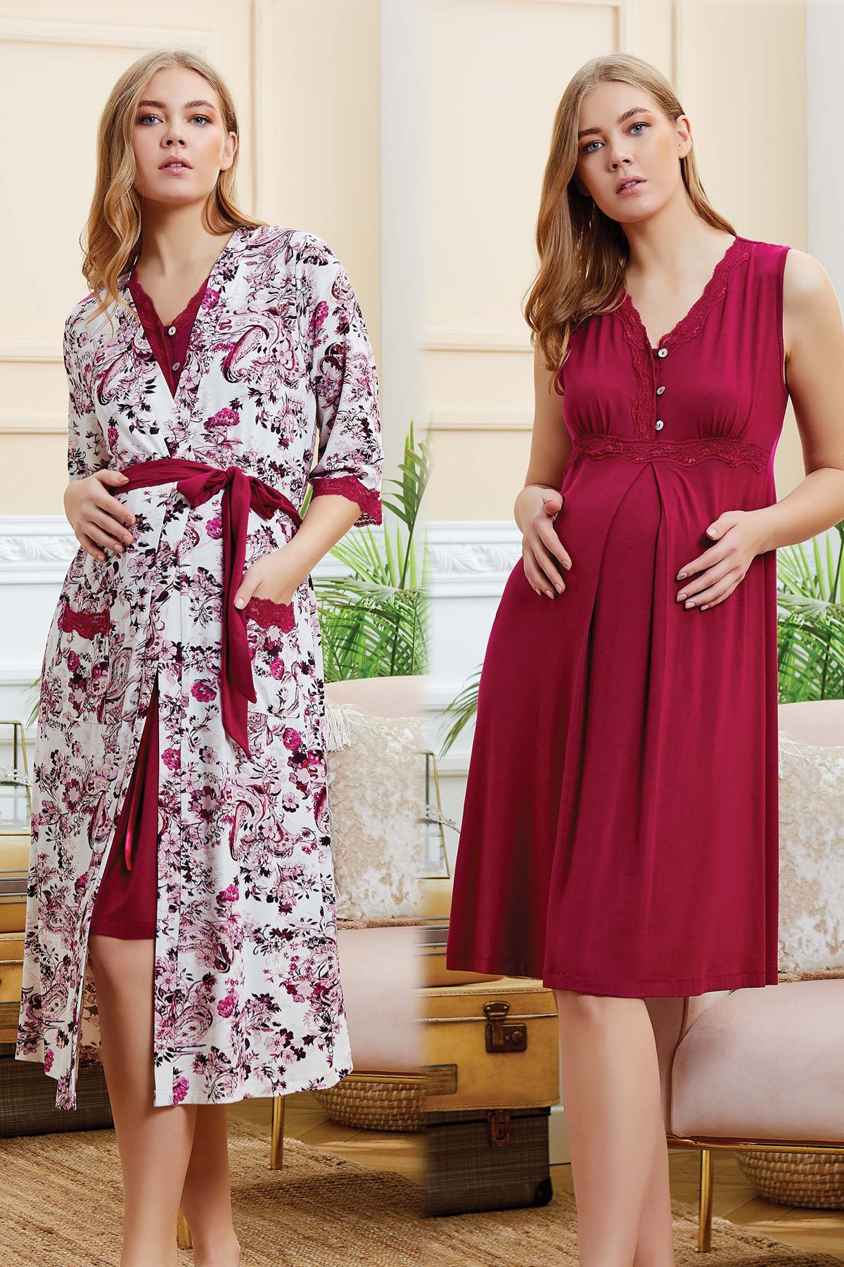Aqua 2053634 Bordo Çiçek Sabahlıklı Lohusa Gecelik Takımı