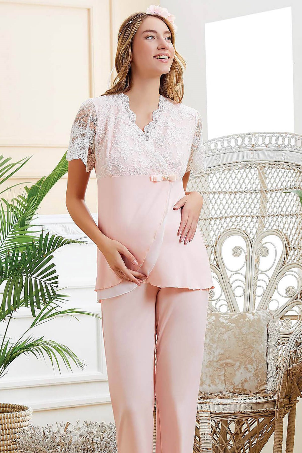 Aqua 21038 Gögüs Kısmı Dantelli Pudra Lohusa Pijama