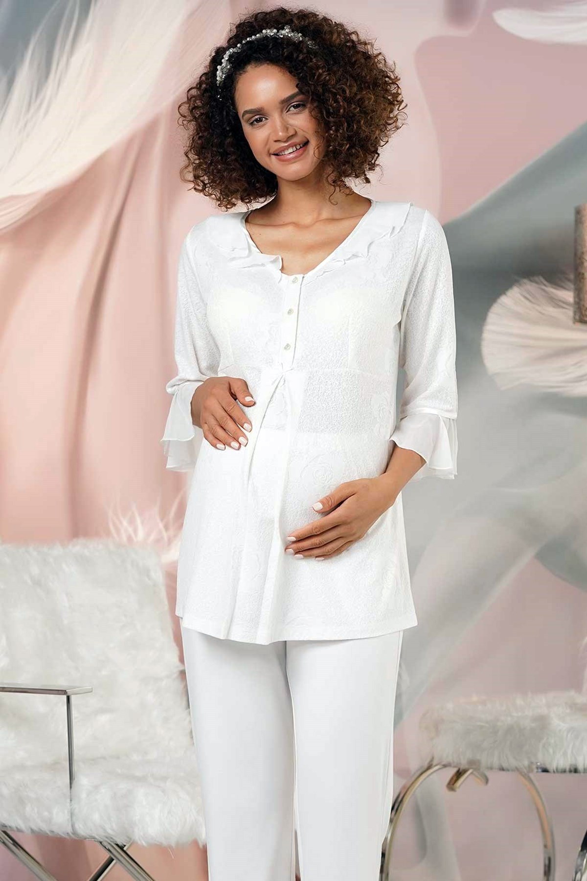 Aqua 21044 Ekru Dantel Lohusa Pijama Takımı