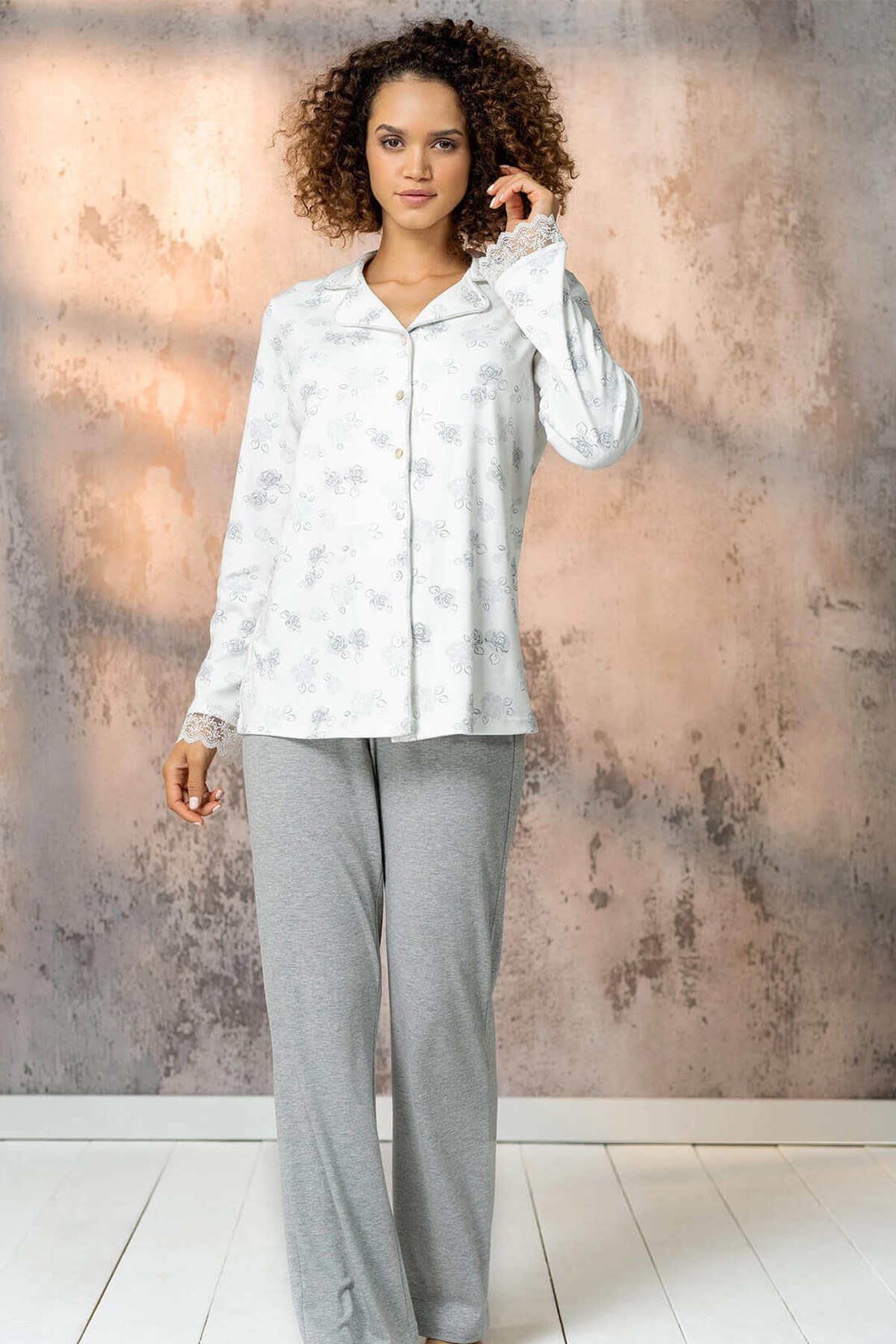 Aqua 21174 Desenli Önden Düğmeli Lohusa Pijama Takımı