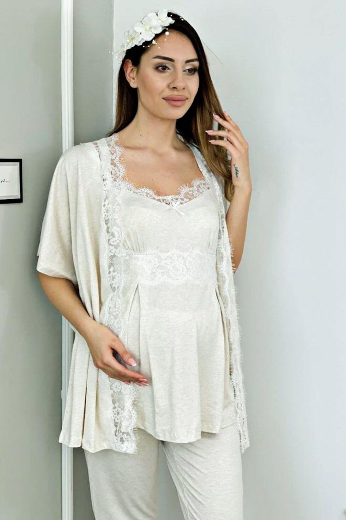 Aqua 21511 New Mom Ekru Sabahlıklı Lohusa Pijama Takımı