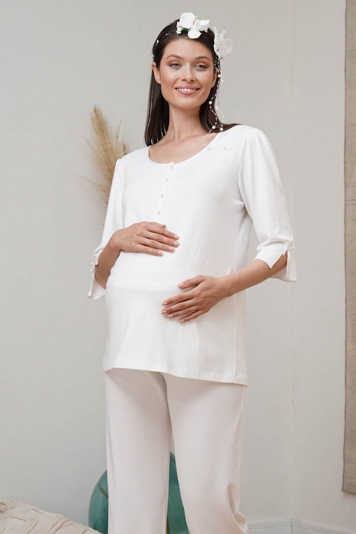 Aqua 22028 Ekru Kolları Pul Desen Detaylı Lohusa Pijama