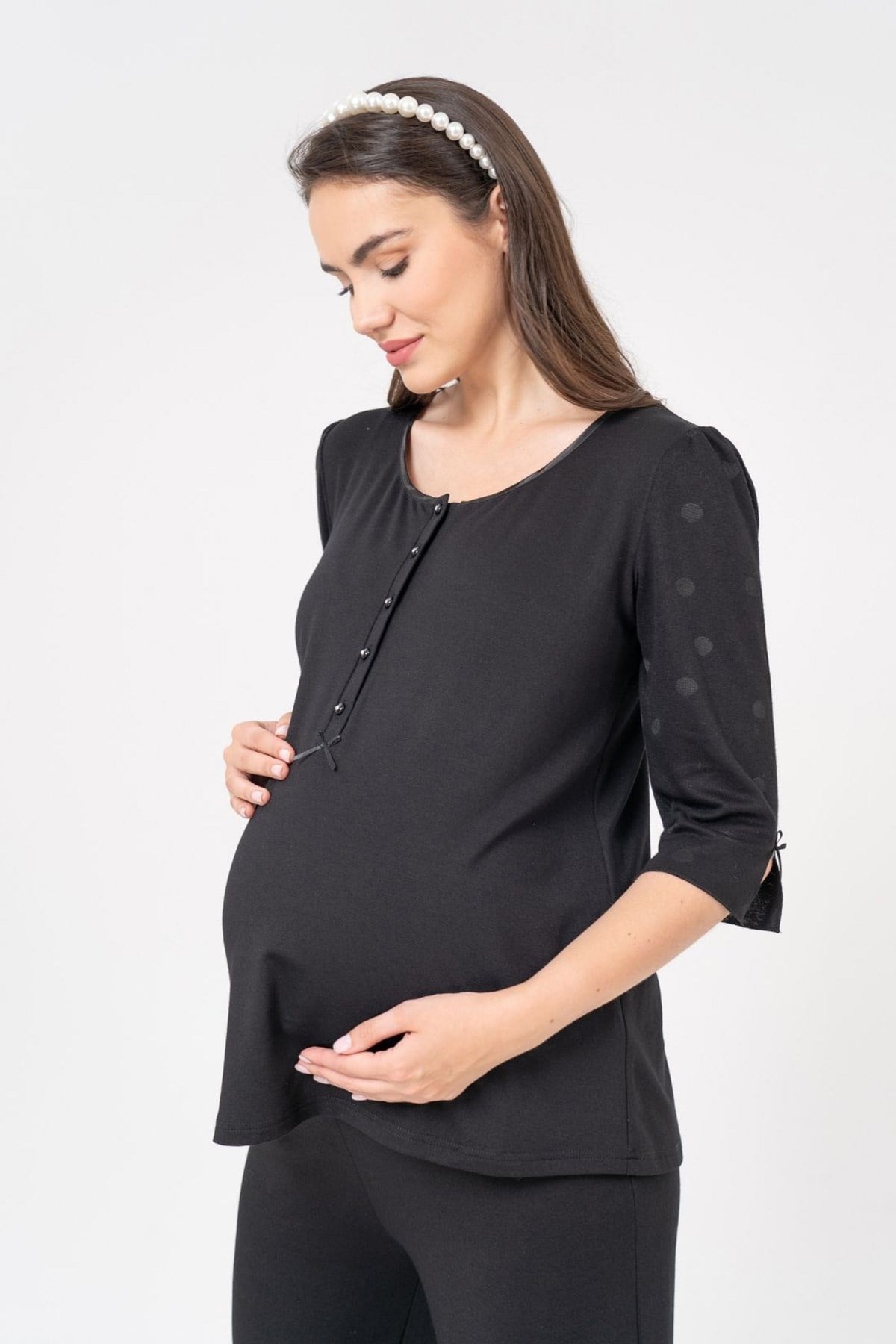 Aqua 22028 Siyah Kolları Pul Desen Detaylı Lohusa Pijama