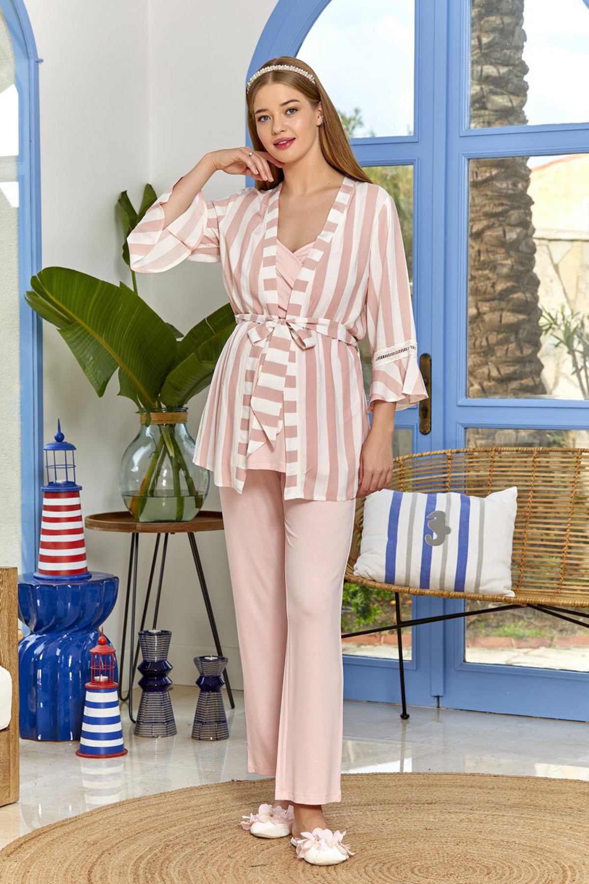 Aqua 22548 Pembe Mavi Sabahlıklı Kruvaze Askılı Lohusa Pijama Takımı 