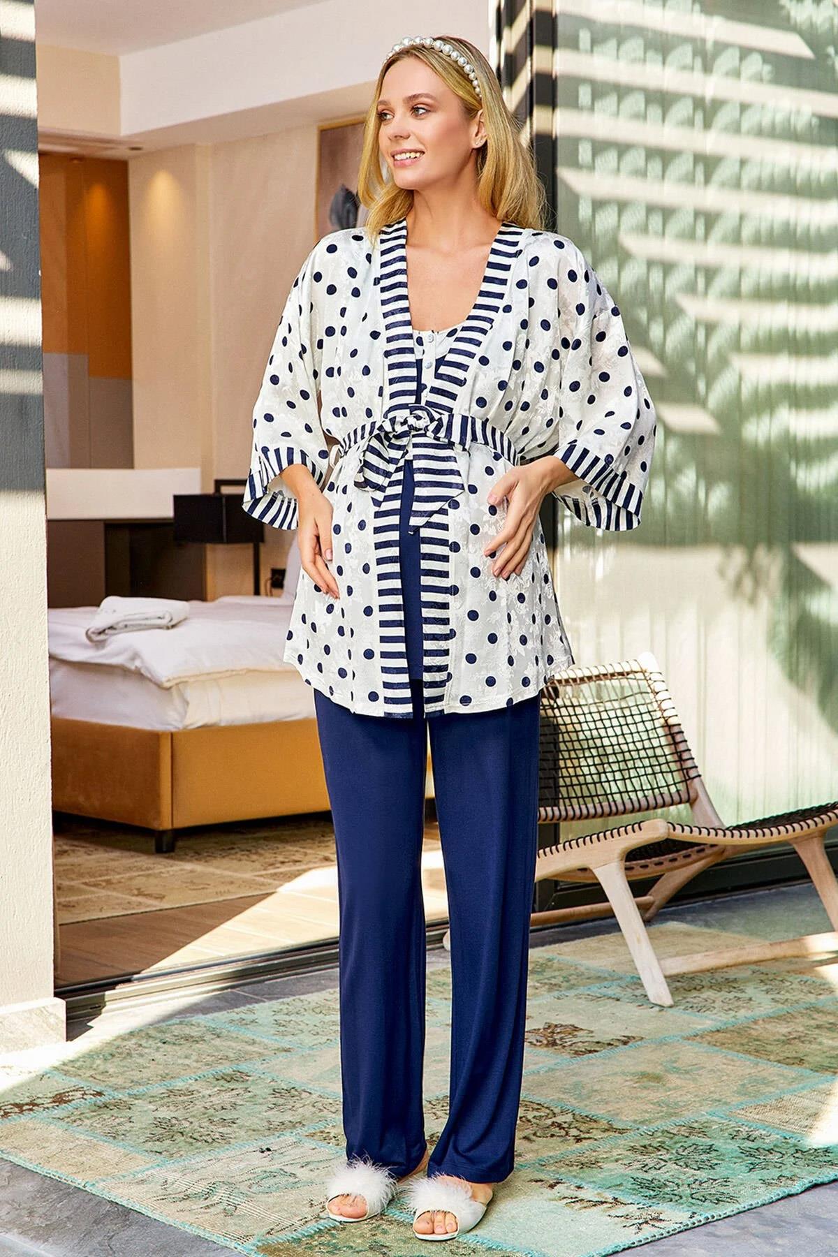 Aqua 23631 Puan Sabahlıklı Lacivert Sabahlıklı Lohusa Pijama Takımı