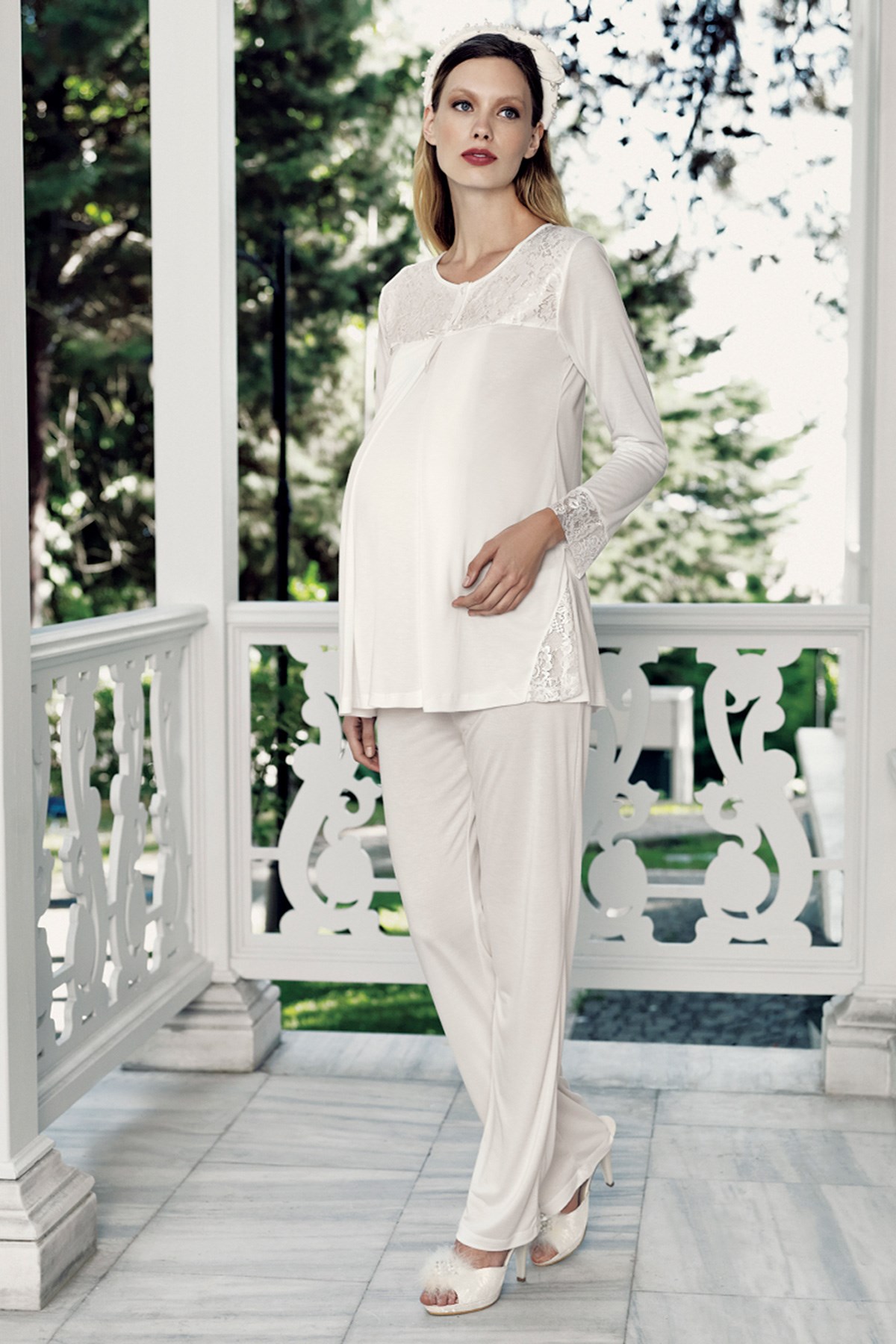 Artış 7206 Ekru Dantel Güpürlü Lohusa Pijama Takımı