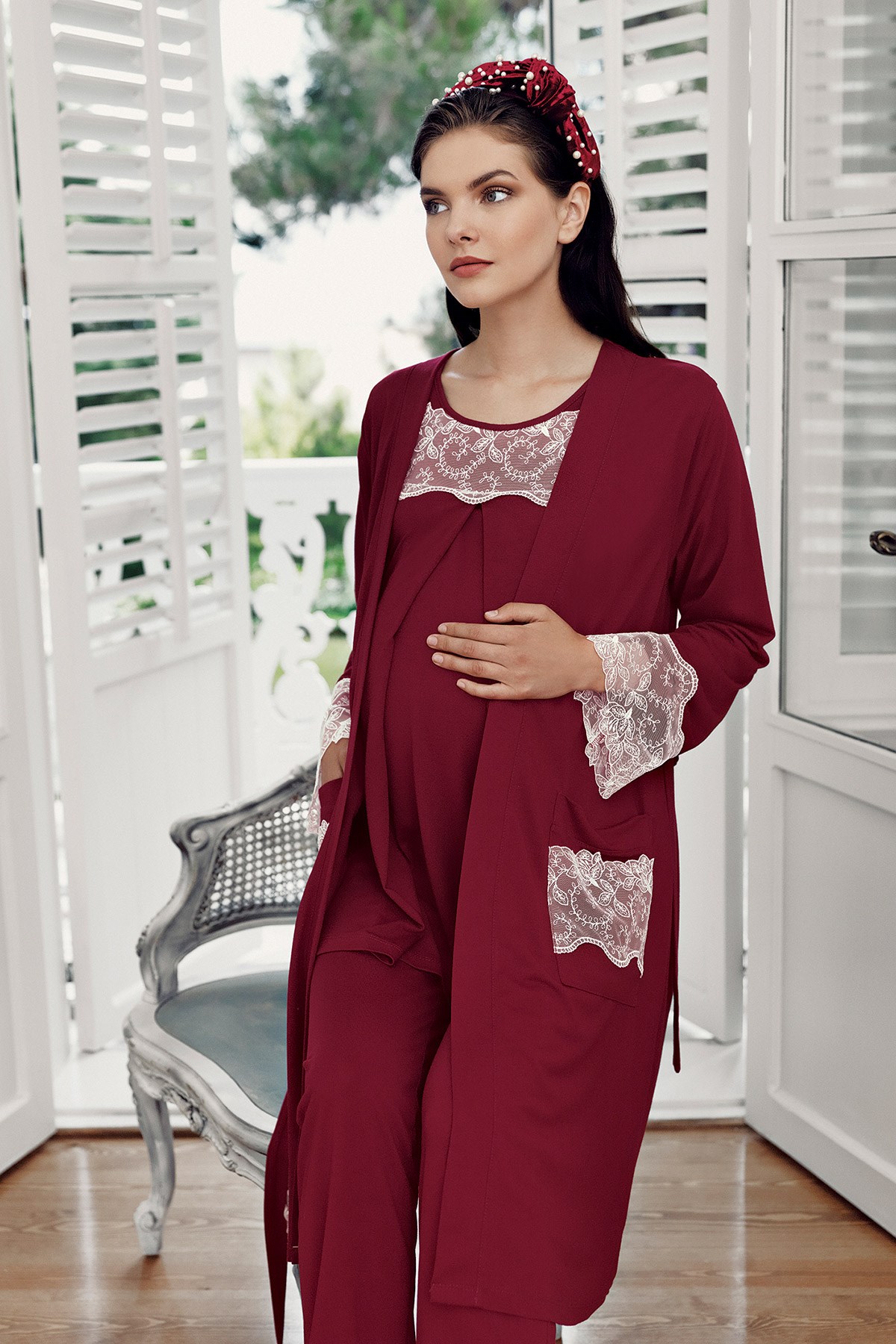 Artis 7302 Bordo Dantel Detaylı Sabahlıklı Lohusa Pijama Takımı