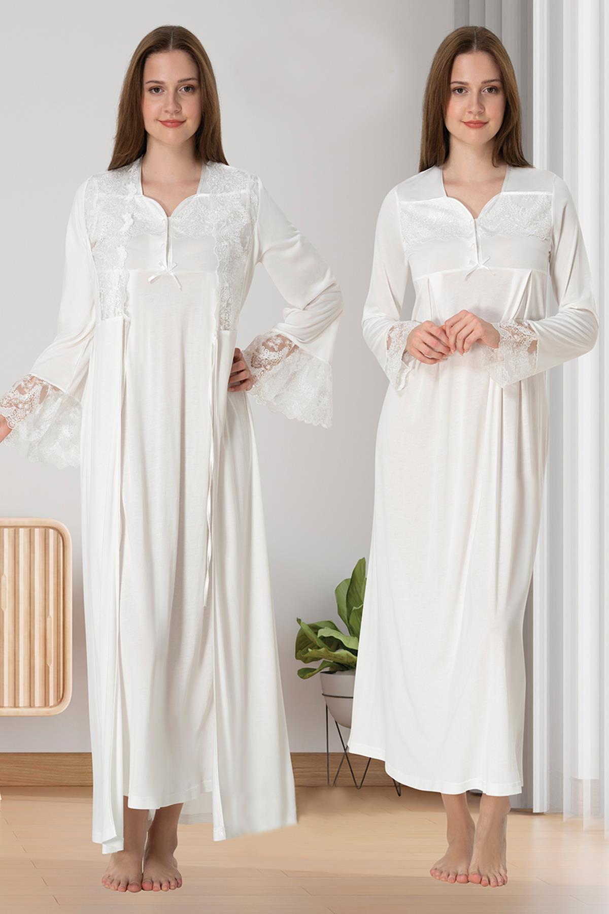 Effortt 4085 Ekru Dantelli Sabahlıklı Lohusa Gecelik Takımı