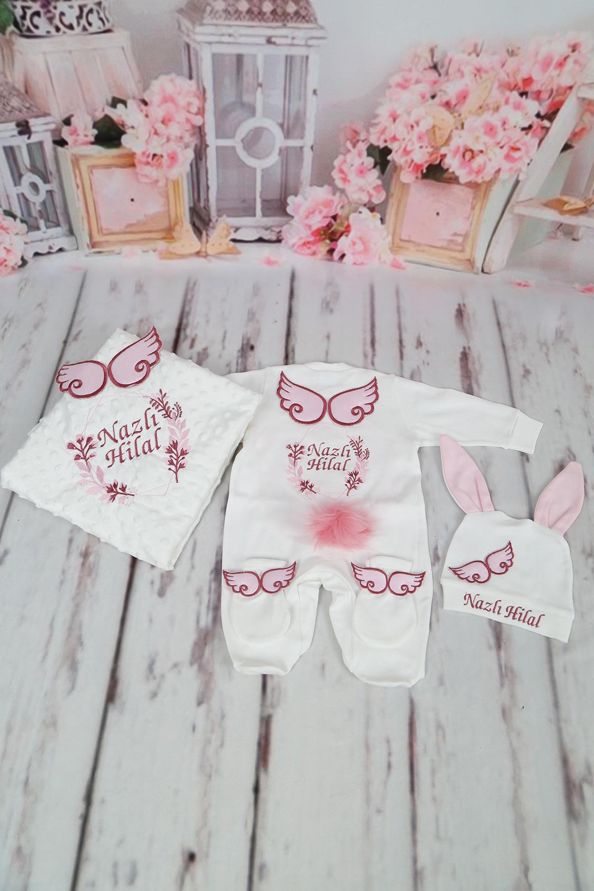 İsme Özel Astilbe Çiçek Nakışlı 4lü Hastane Çıkış Seti