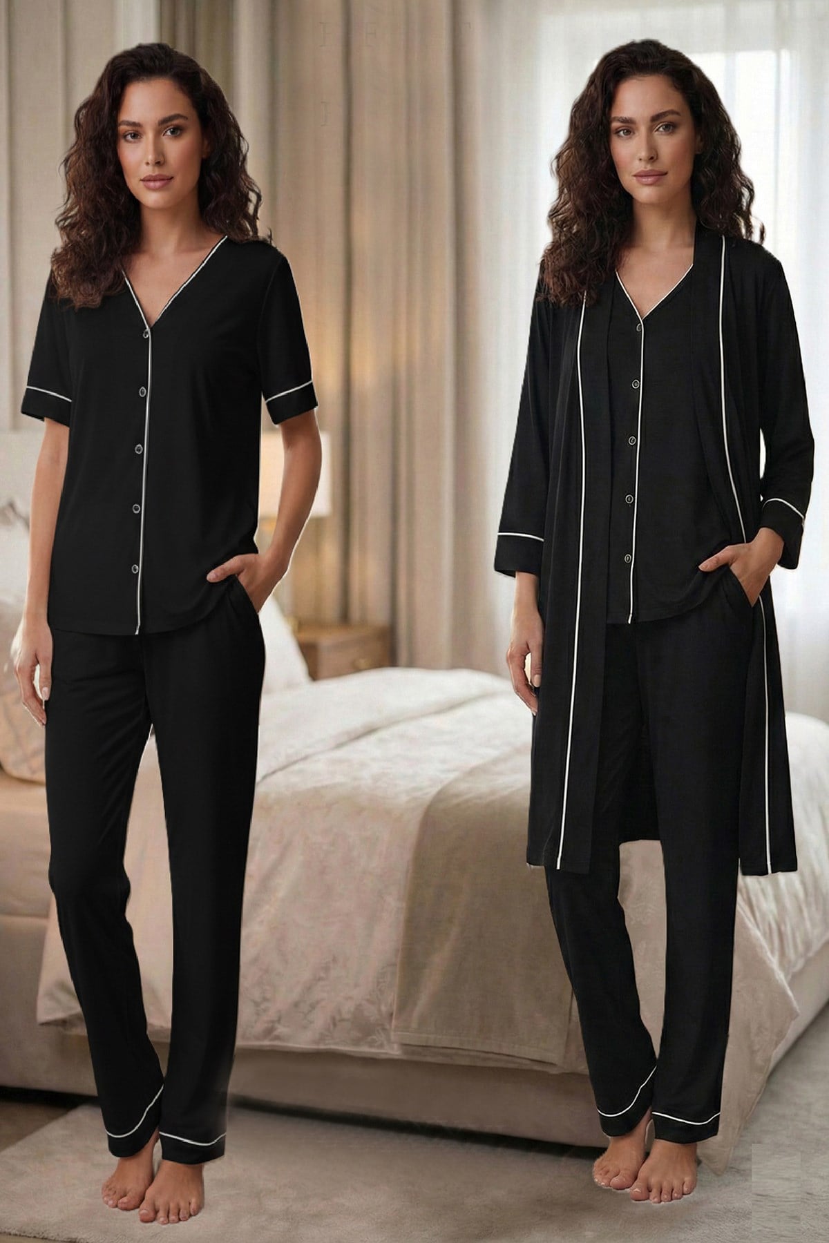 Effortt 3074 Siyah Biye Detaylı Sabahlıklı Lohusa Pijama Takımı