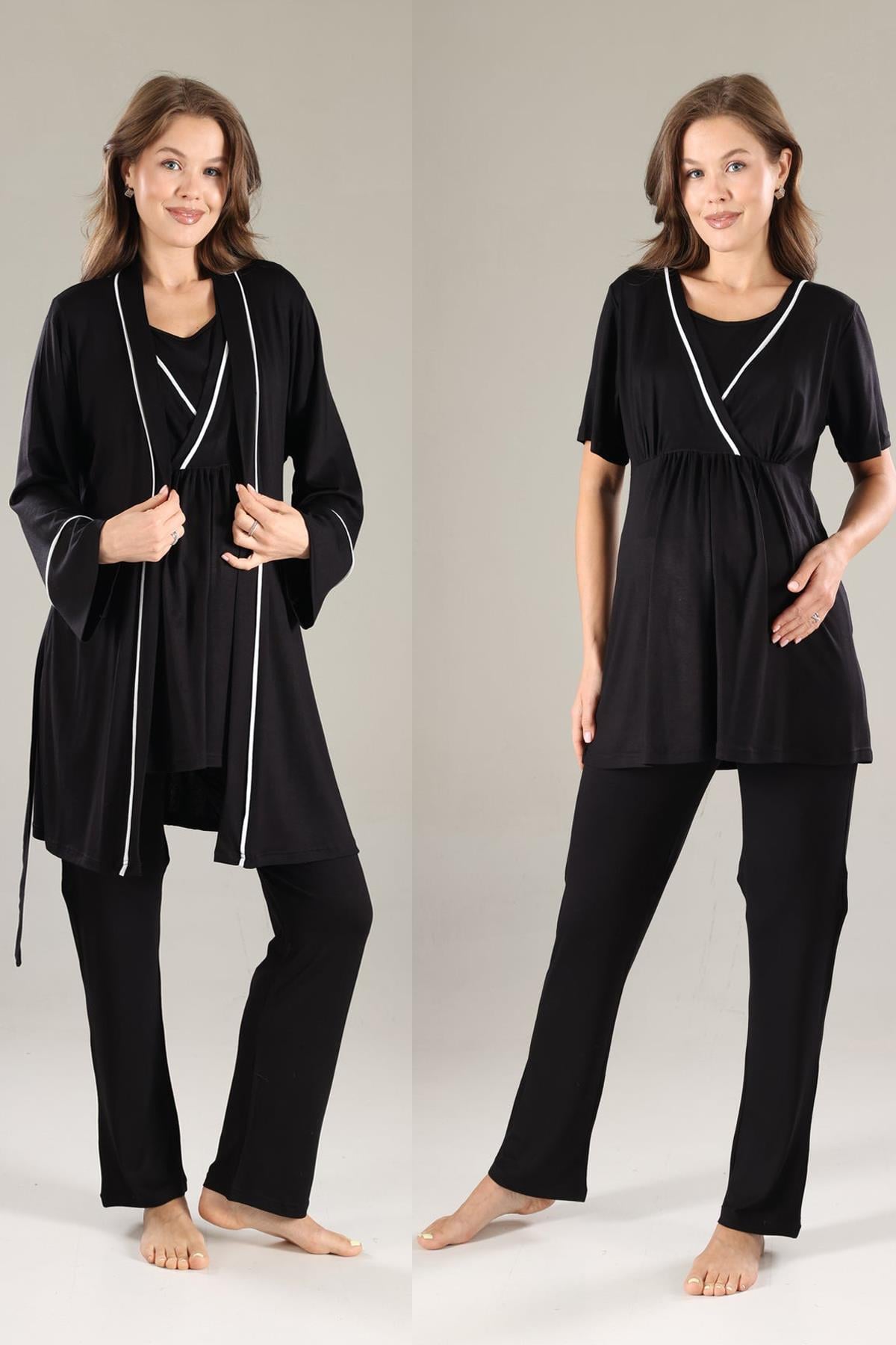 Rimel Life 808 Siyah Biyeli Kruvaze Lohusa Pijama ve Sabahlıklı Takım