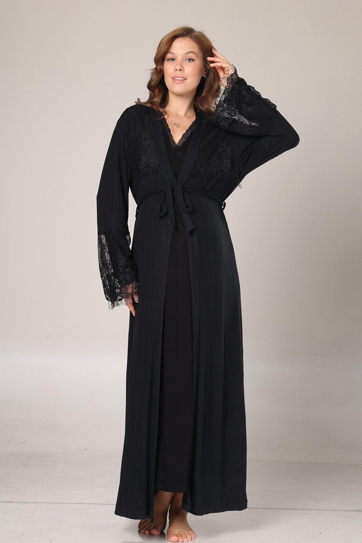 Rimel Life 1006 Siyah Fitilli Dantel Detaylı Sabahlıklı Lohusa Gecelik Takımı