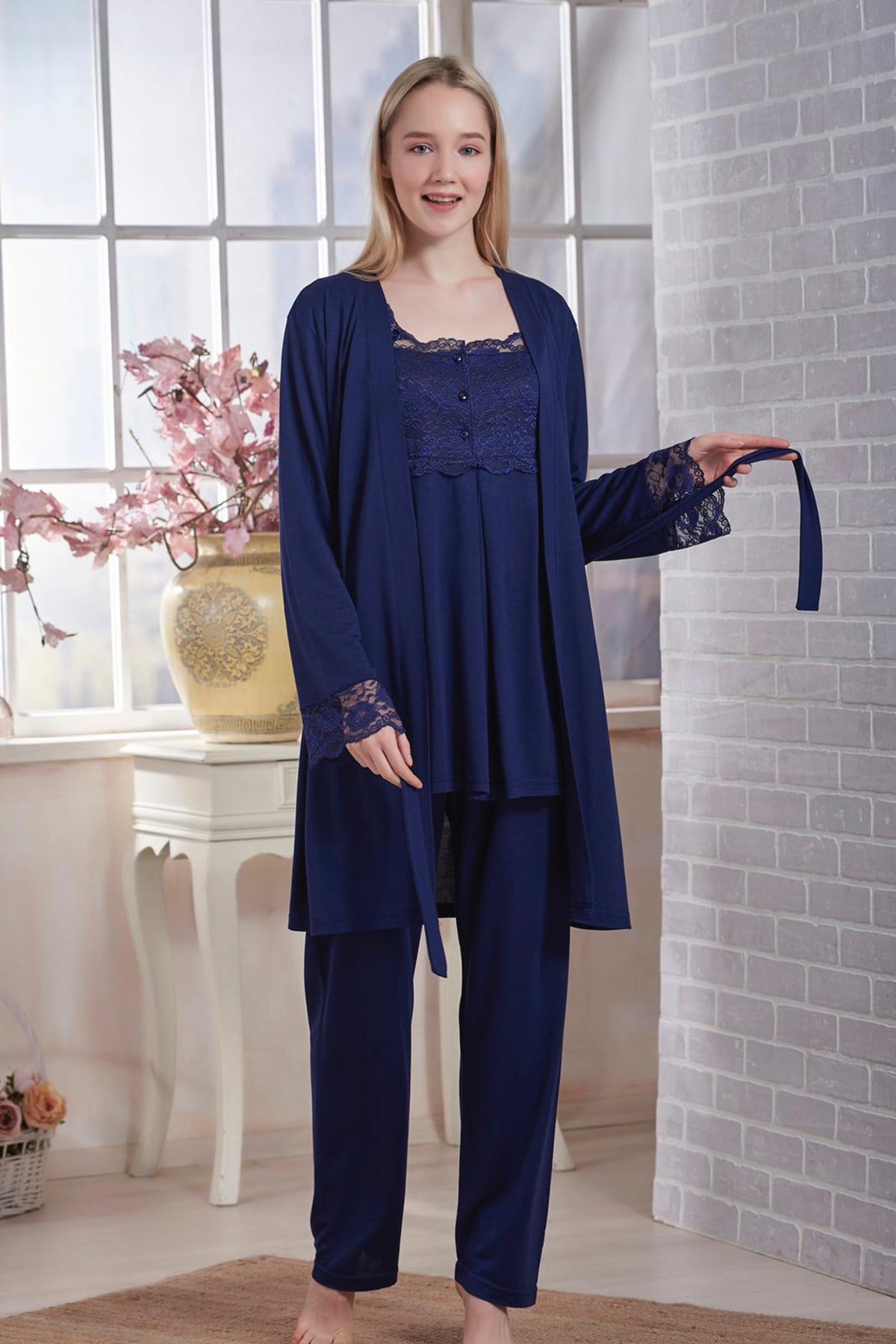 Bambaşka 70001 Lacivert Sabahlıklı Lohusa Pijama