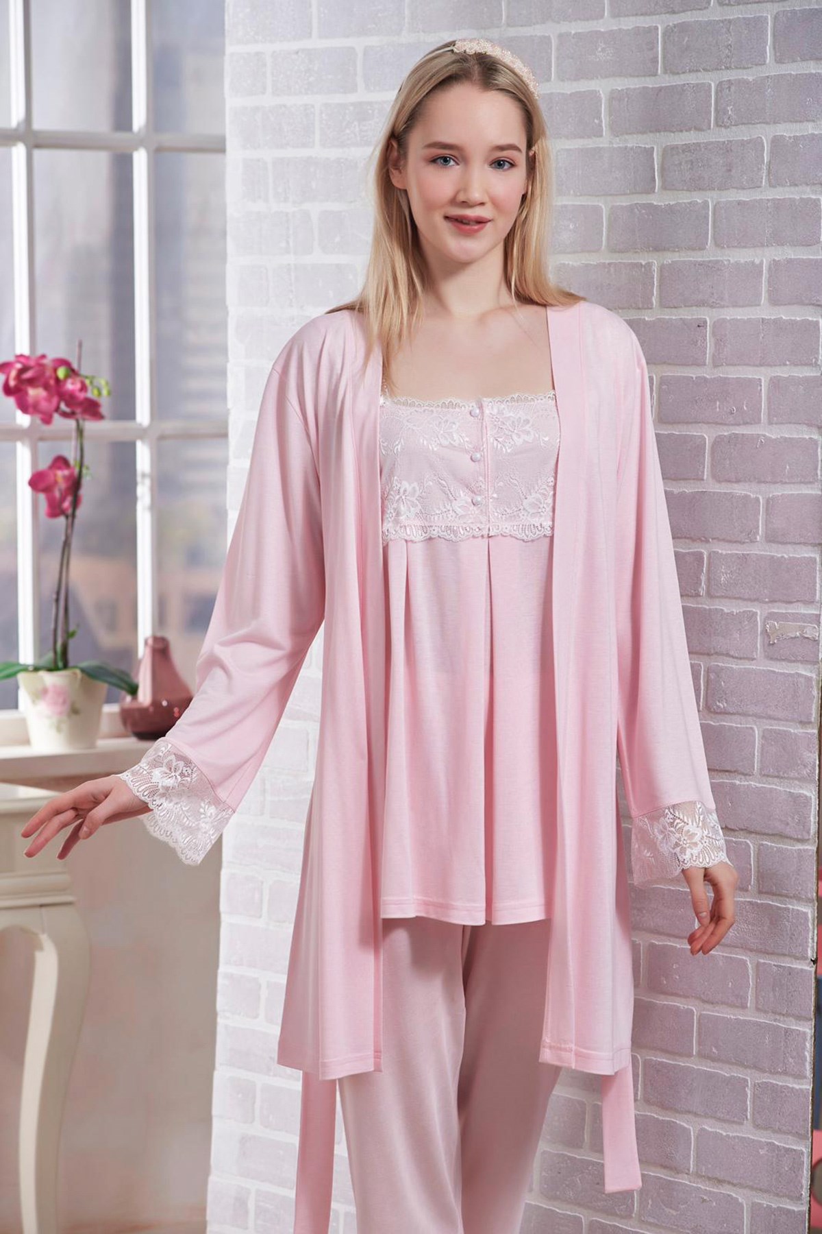 Bambaşka 70001 Pembe Sabahlıklı Lohusa Pijama