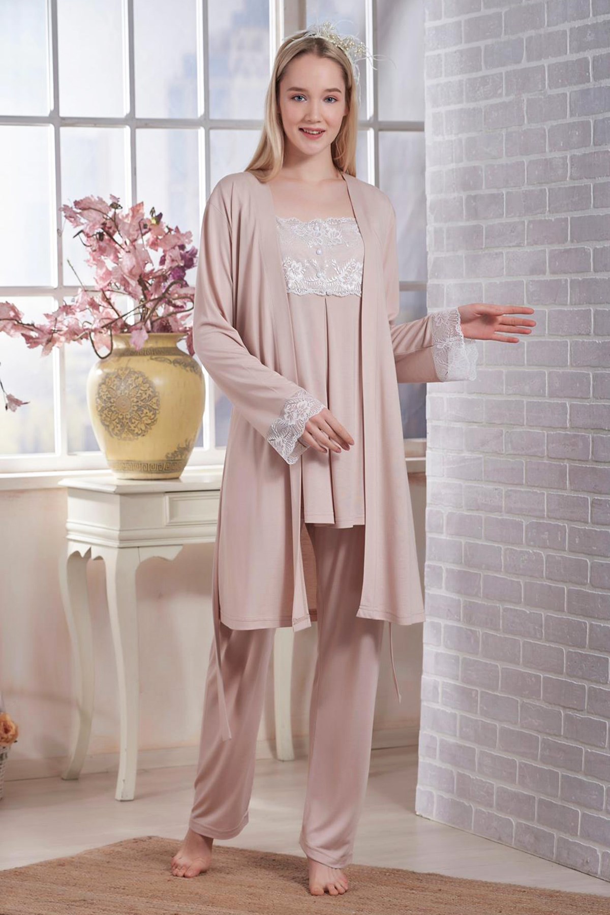 Bambaşka 70001 Sütlü kahve Sabahlıklı Lohusa Pijama