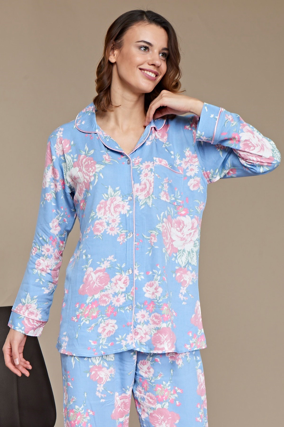 Bambaşka BB29020 Gül Desenli Önden Düğmeli Lohusa Pijama Takımı