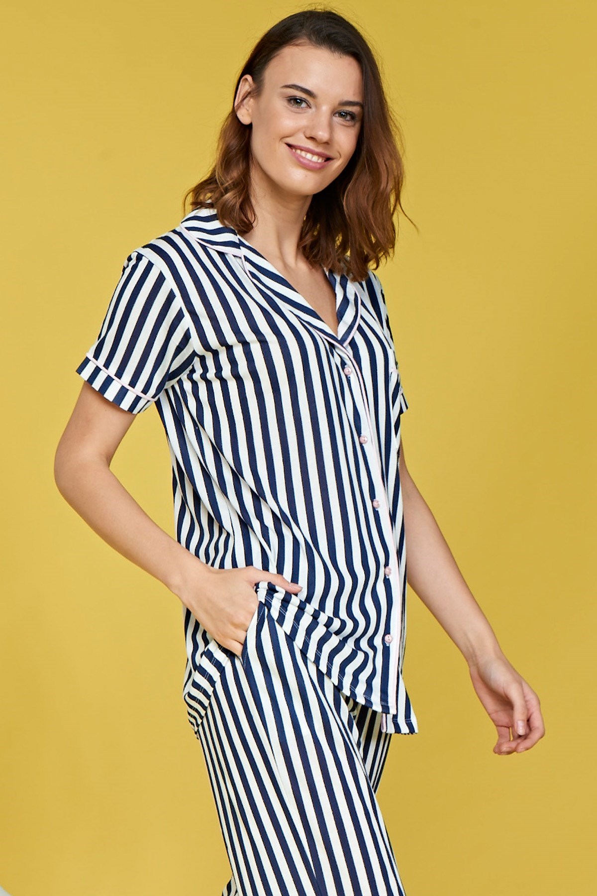 Bambaşka BB61002 Çizgili Önden Düğmeli Lohusa Pijama Takımı