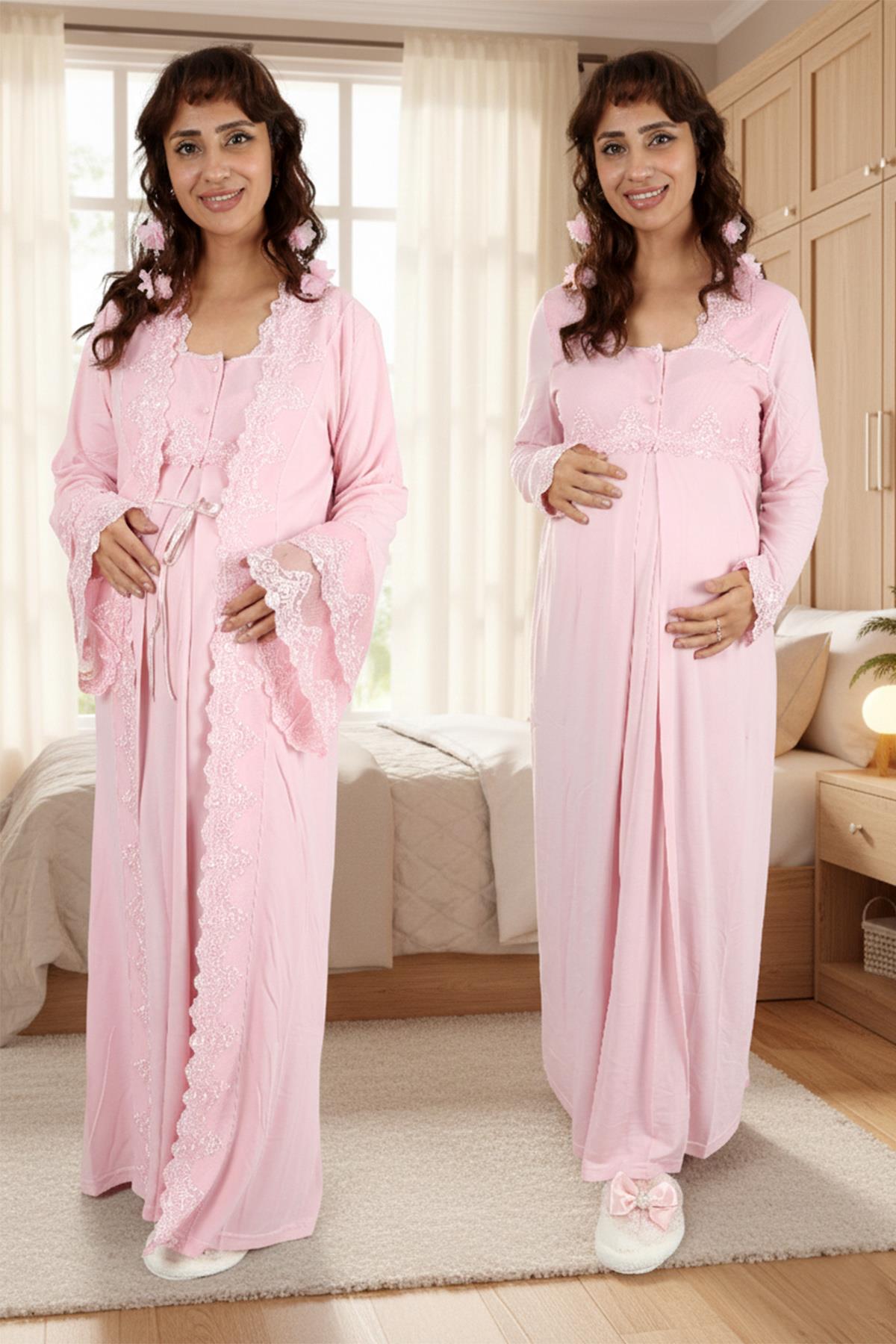 Pudra Pembe Prenses Dantelli Sabahlıklı Uzun Kol Lohusa Gecelik Takımı 70140